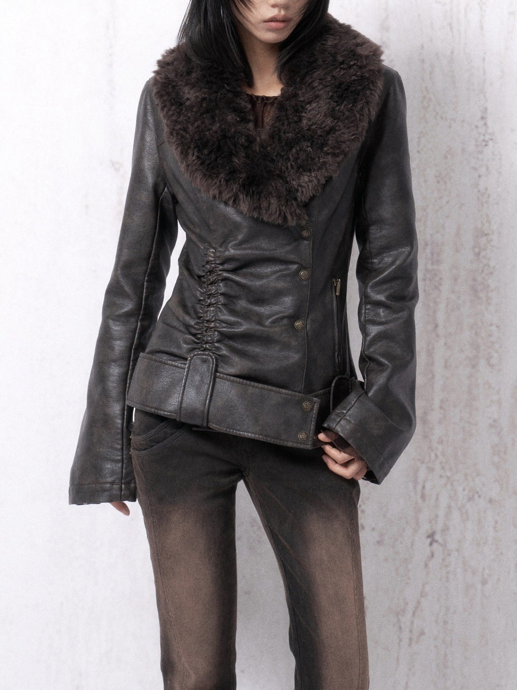 OPEN AESTHETIC Warm Fur Collar Slim Fit Retro Pleated Pu Brown Notch Collar Leather Jackets