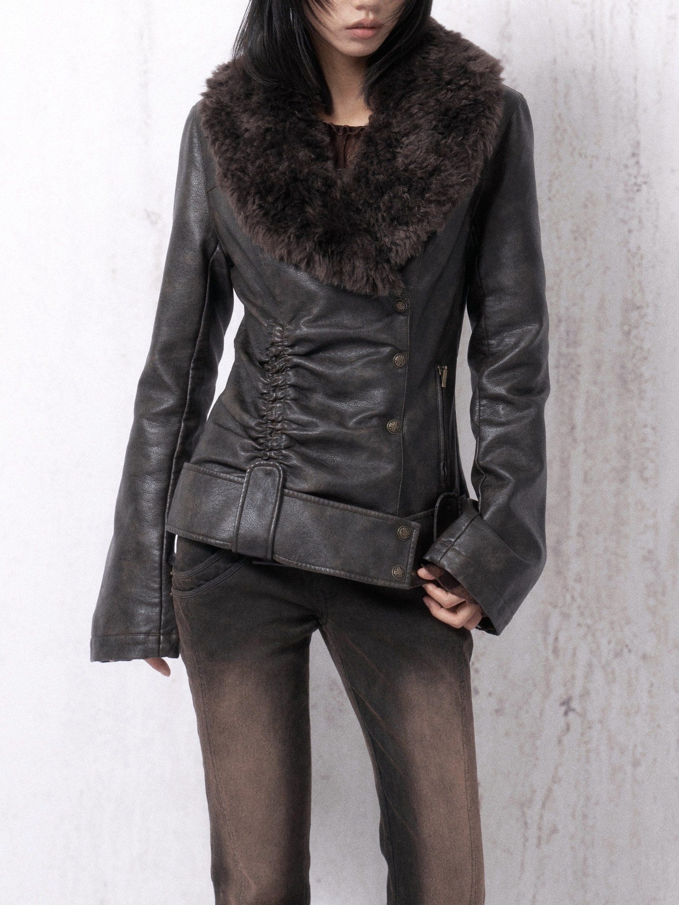 OPEN AESTHETIC Warm Fur Collar Slim Fit Retro Pleated Pu Brown Notch Collar Leather Jackets