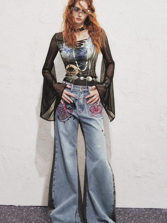 OfAkiva High Waist Vintage Embroidered Asymmetric Floral Cotton Women Wide Leg Jeans