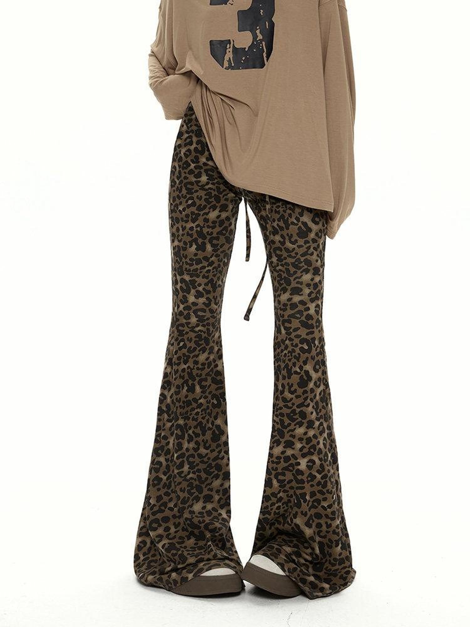 ZERO Soft Lyocell Knit Vintage Leopard Print Elastic Natural Waist Women Flared Pants