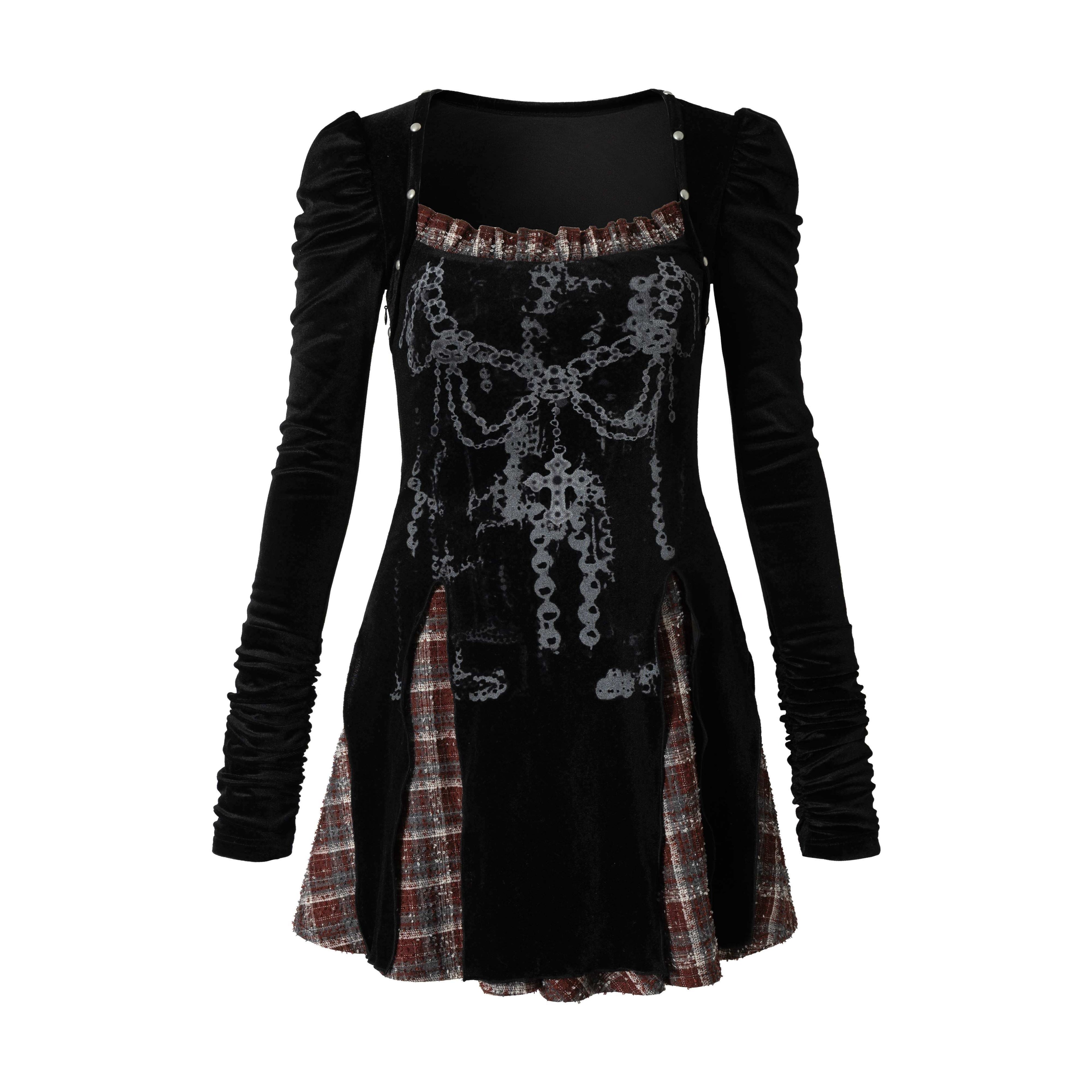NO_ROMANCE_Baroque_Plaid_Polka_Dot_Square_Neck_Puff_Sleeve_Women'S_Velvet_Mini_Dresses_MISSTT