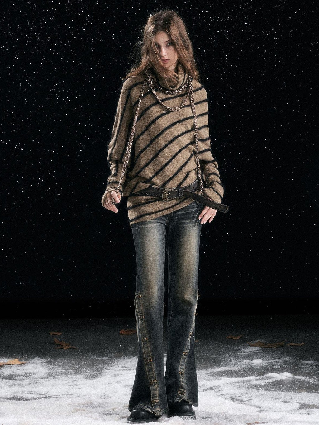 Cest Nous Cozy Thick Street Oversized Batwing Turtleneck Tie Front Women Striped Sweaters