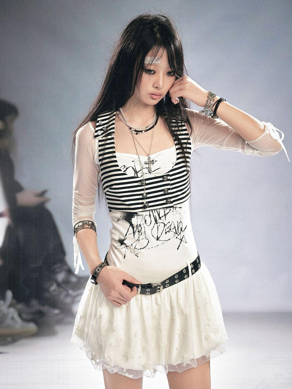 Cest Nous Printed Mesh Stretch Cotton Punk Strappy Puff Skirt Slim Fit Urban Minidresses