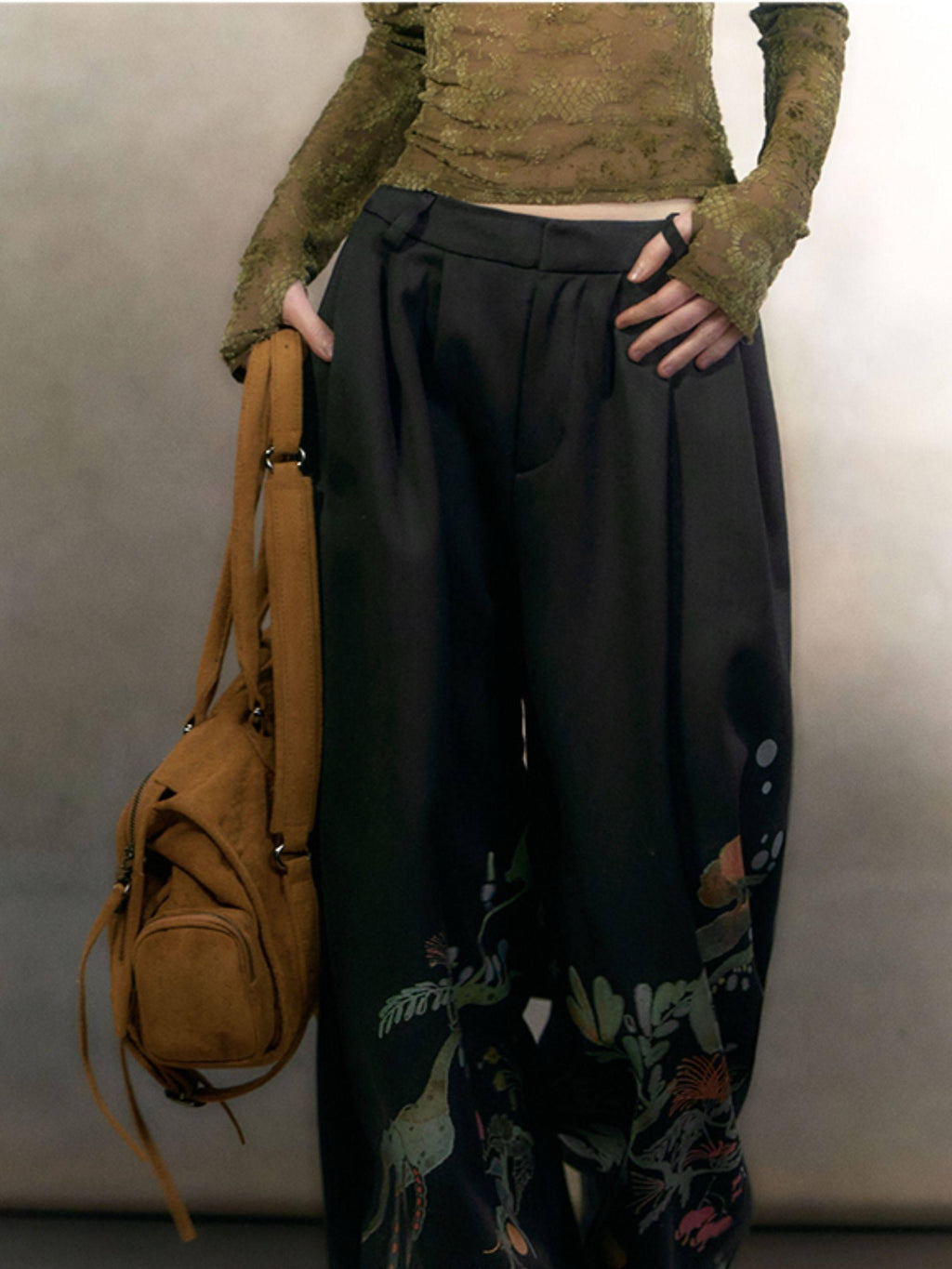 OfAkiva High Waist Floral Print Casual Straight Zipper Fly Women Black Wide Leg Pants