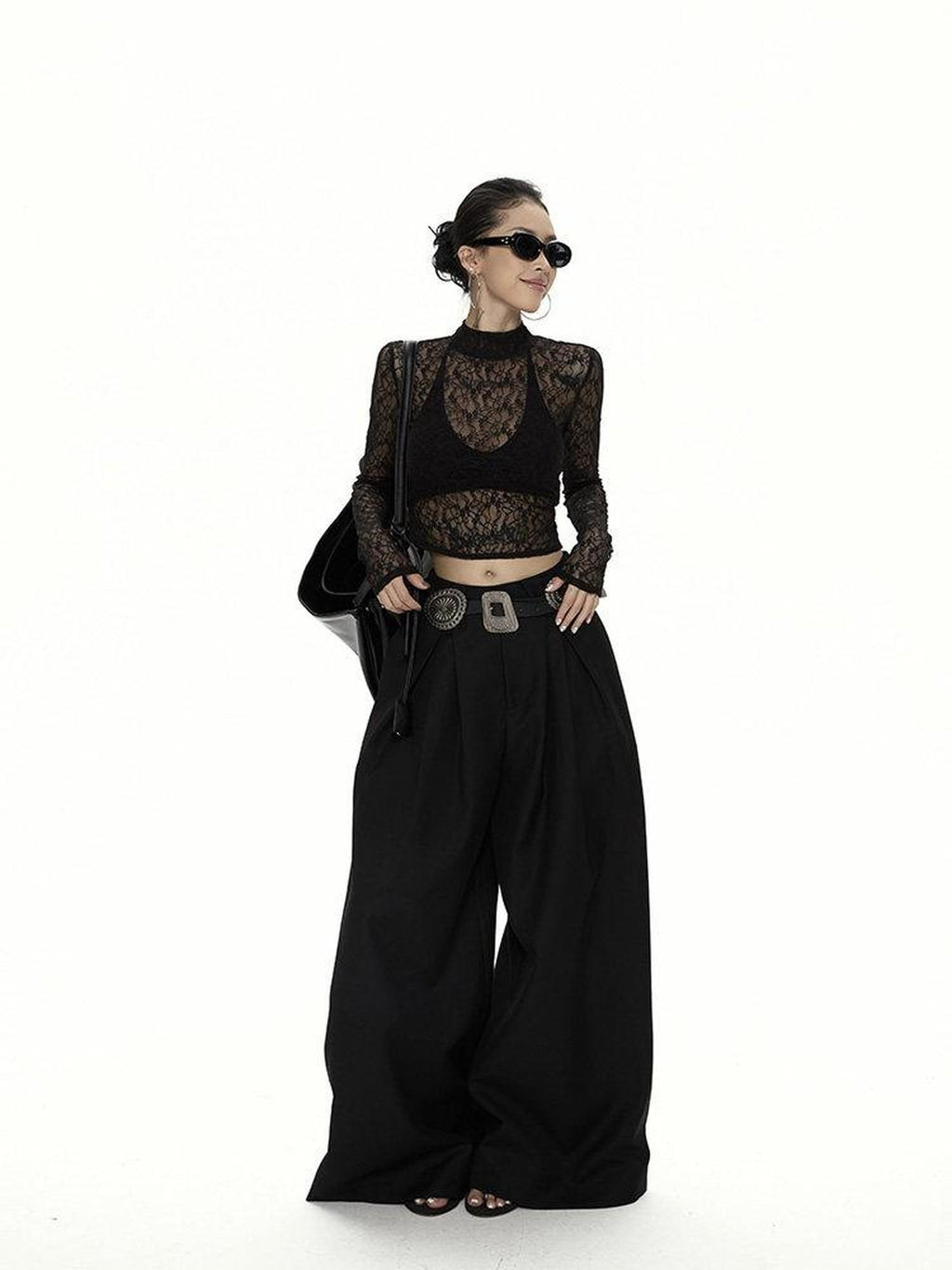 ZERO Lace Trim High Neck Casual Slim Fit Women Daily Black Knit Long Sleeve Crop Tops