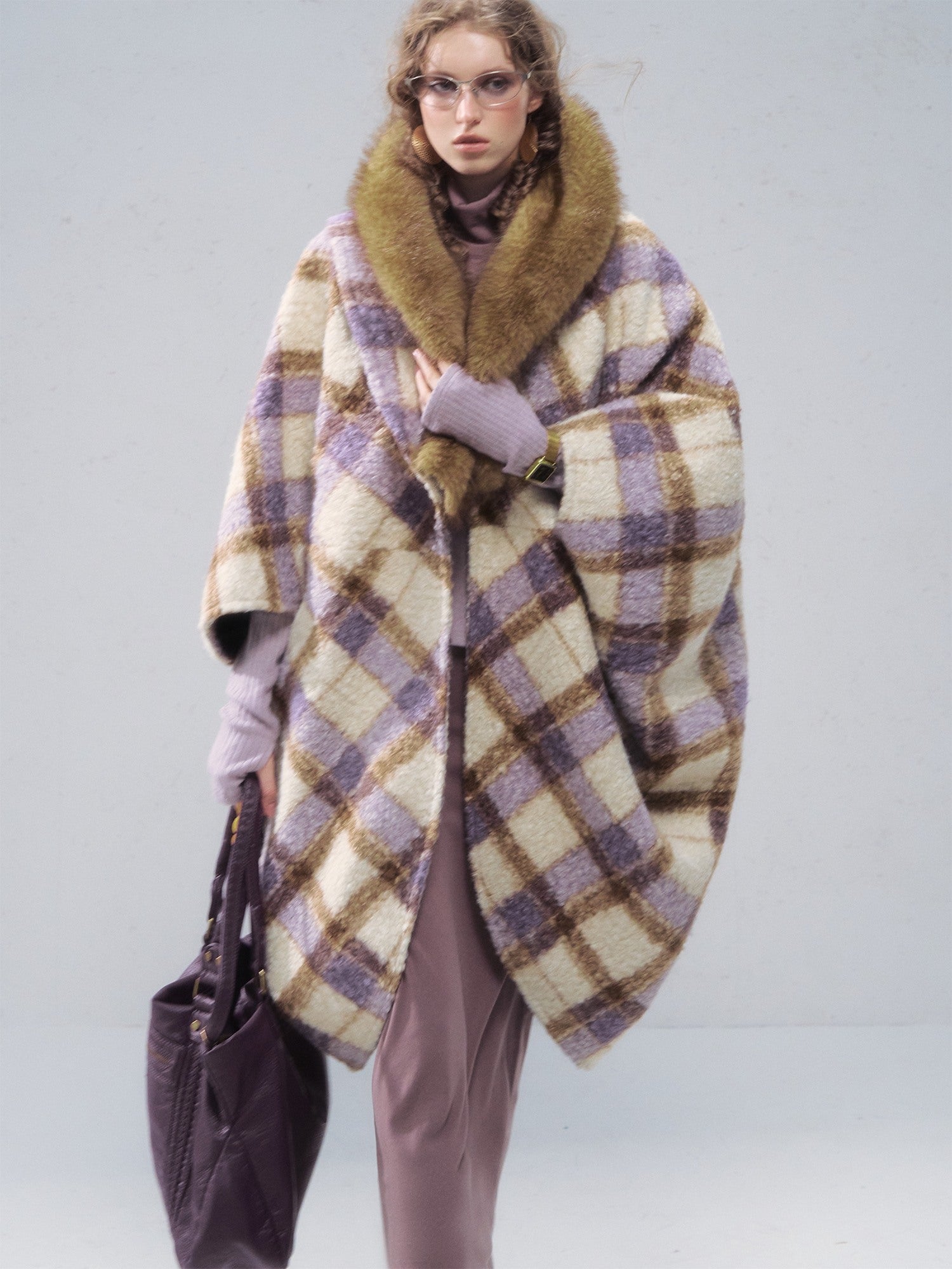 OfAkiva Cozy Thick Vintage Cape Silhouette V-neck Mid Length Plaid Women Jackets