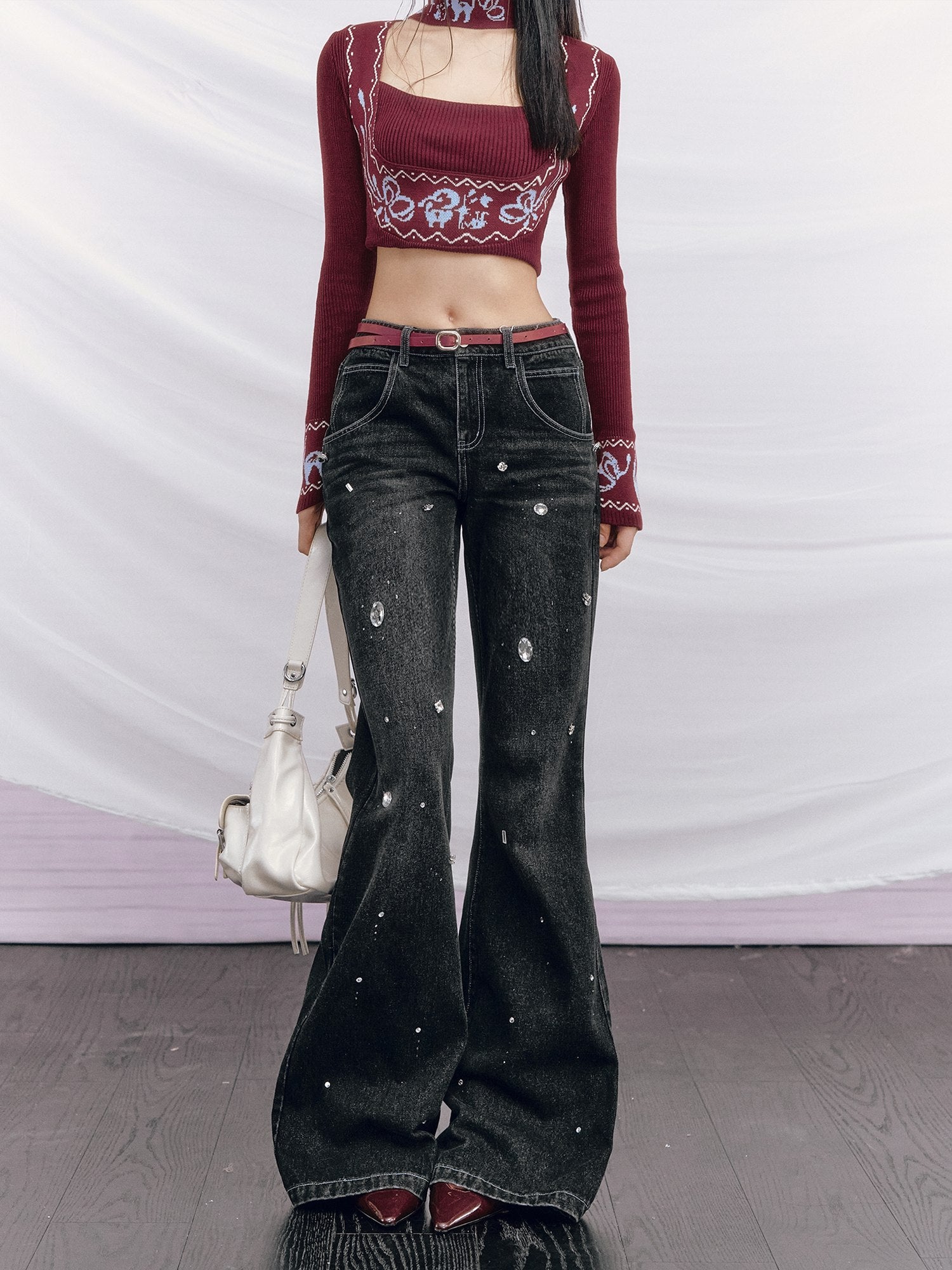 OfAkiva High Waist Distressed Beaded Vintage Micro Flare Women Everyday Flared Jeans