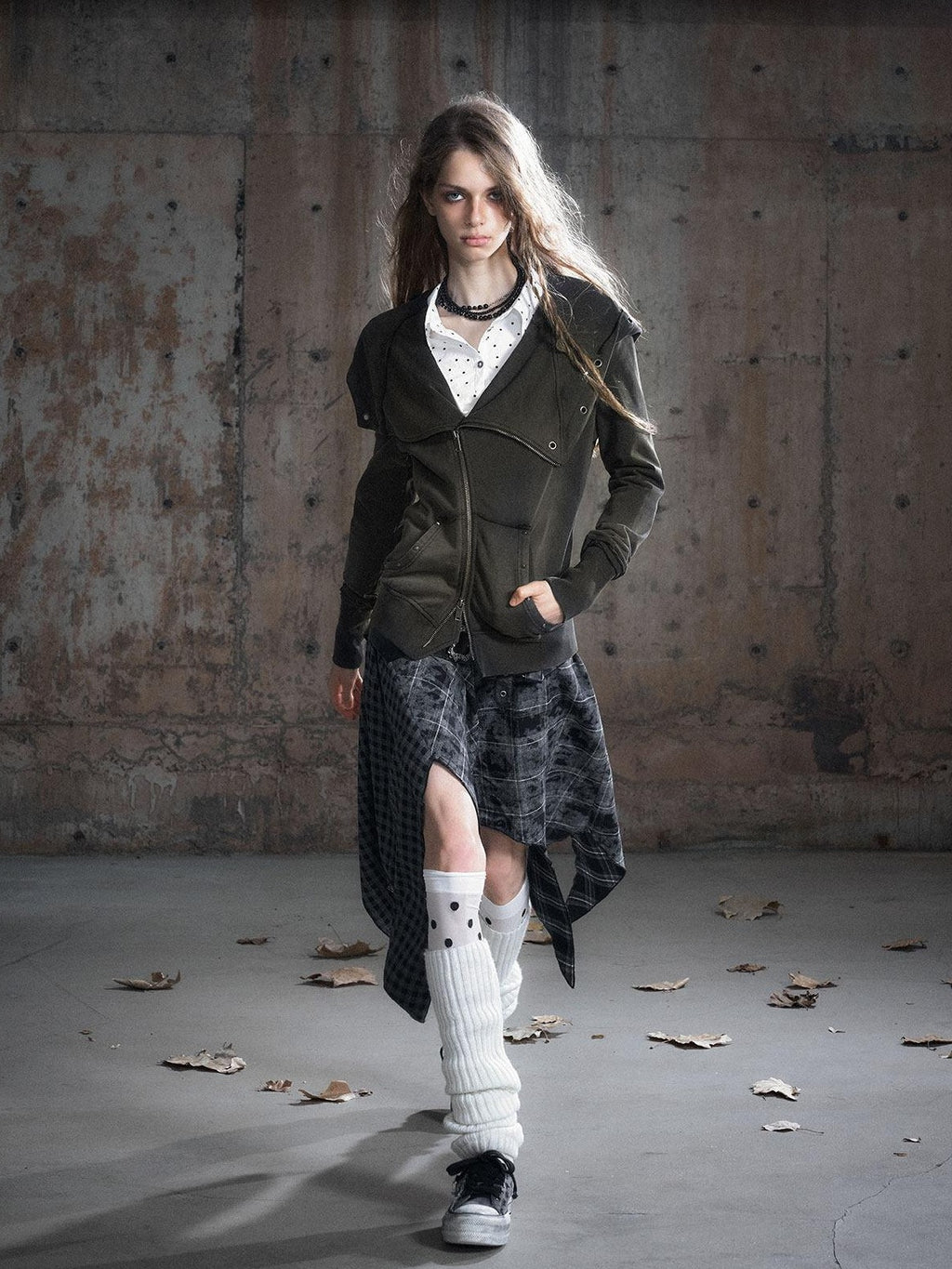 Cest Nous Pu Patchwork Punk Asymmetric Low Waist Youth Daily Wear Cotton Blend Midiskirts