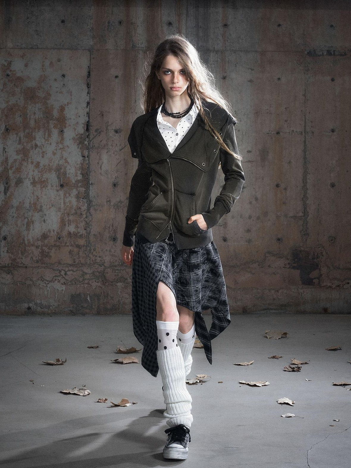 Cest Nous Pu Patchwork Punk Asymmetric Low Waist Youth Daily Wear Cotton Blend Midiskirts