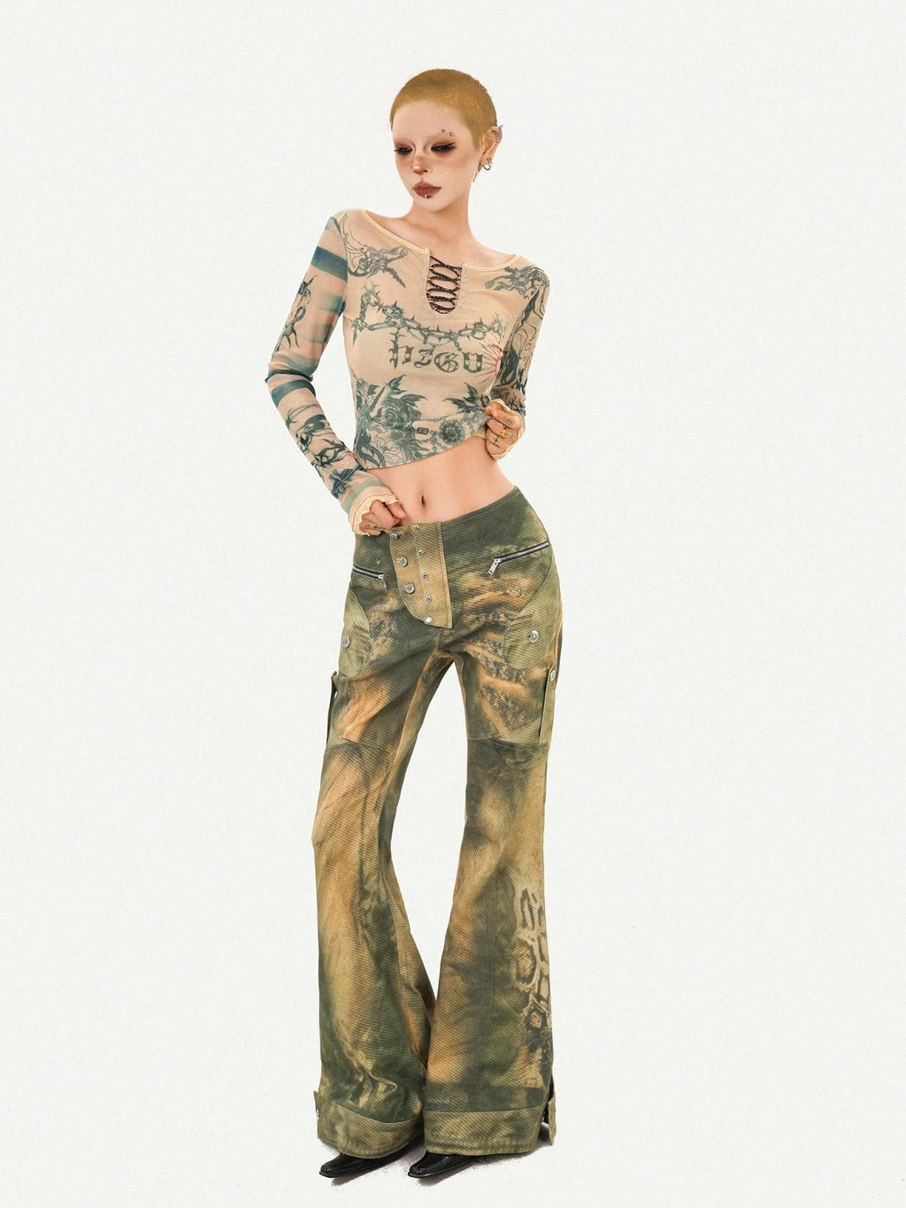 Nico Molly Vintage Tie Dye Floral Mesh Slim Fit Crew Neck Women Long Sleeve Crop Tops