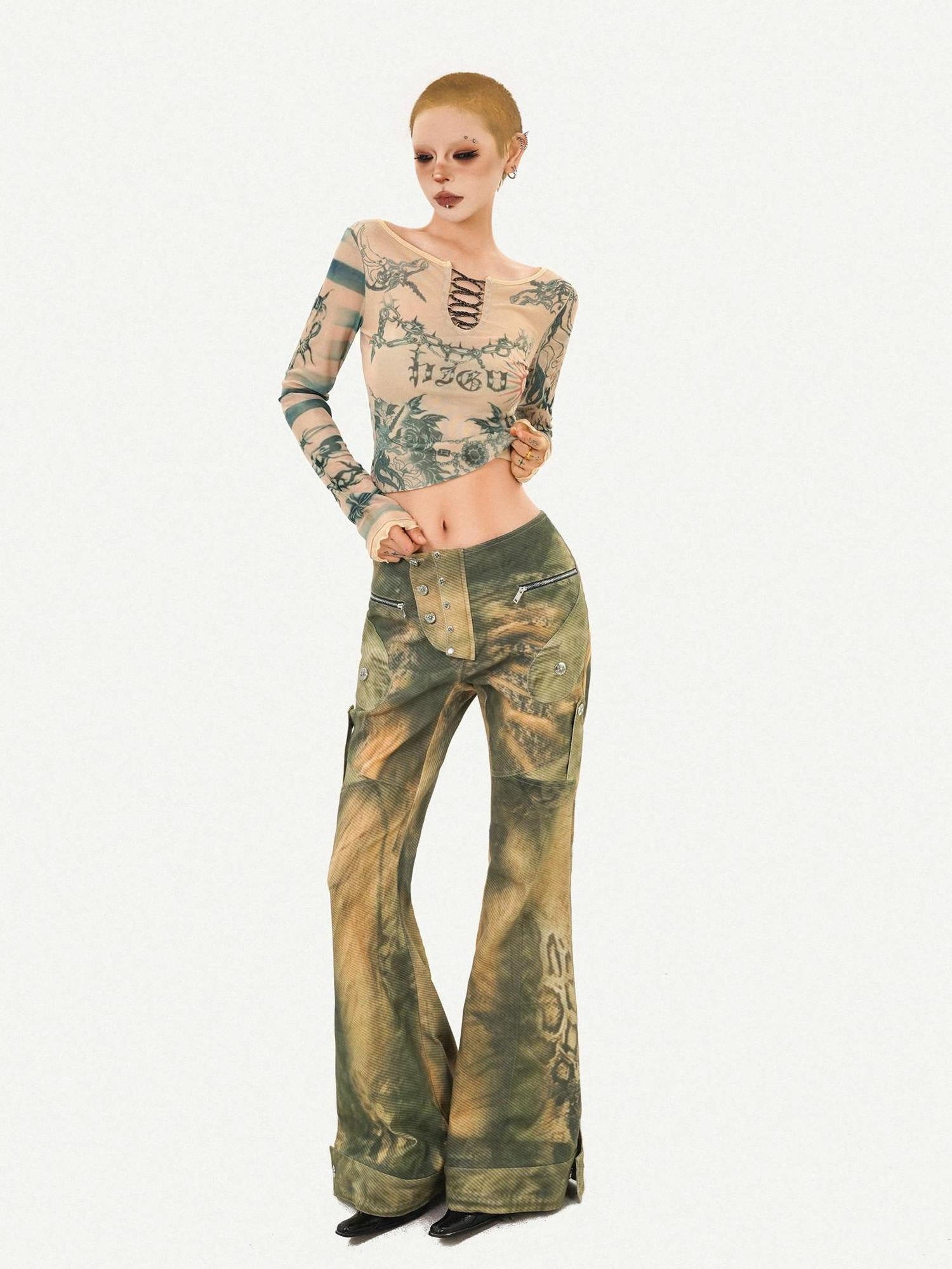 Nico Molly Vintage Tie Dye Floral Mesh Slim Fit Crew Neck Women Long Sleeve Crop Tops