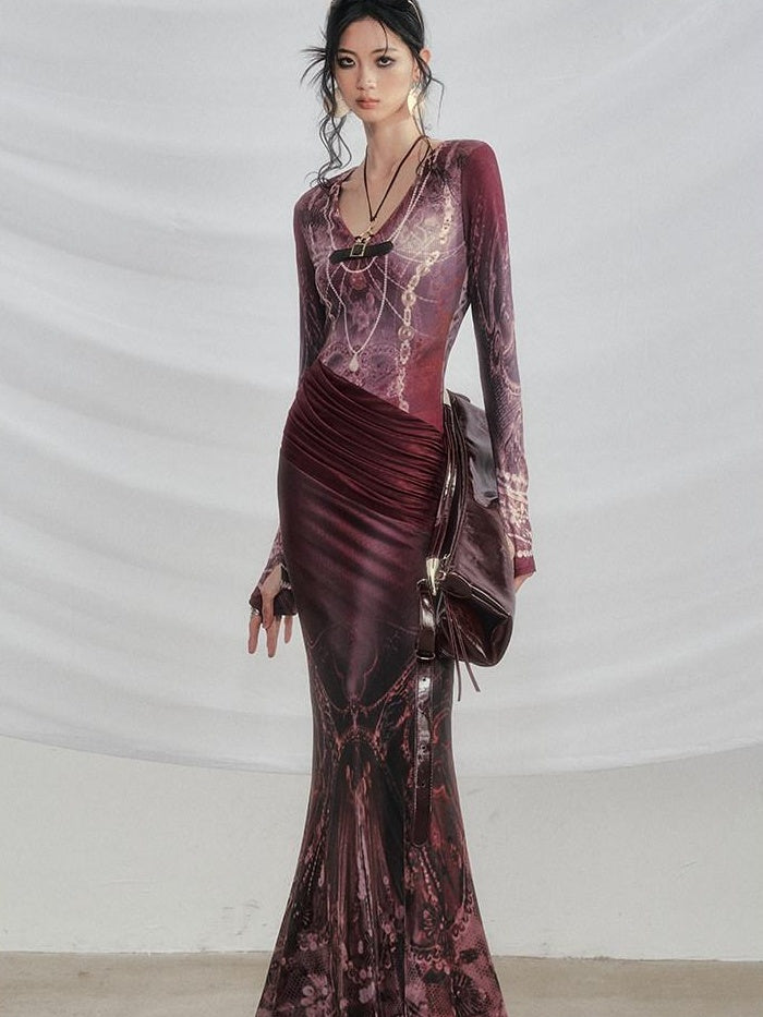 OfAkiva High Stretch High Waist Vintage Floral V-neck Long Sleeve A Line Maxi Dresses