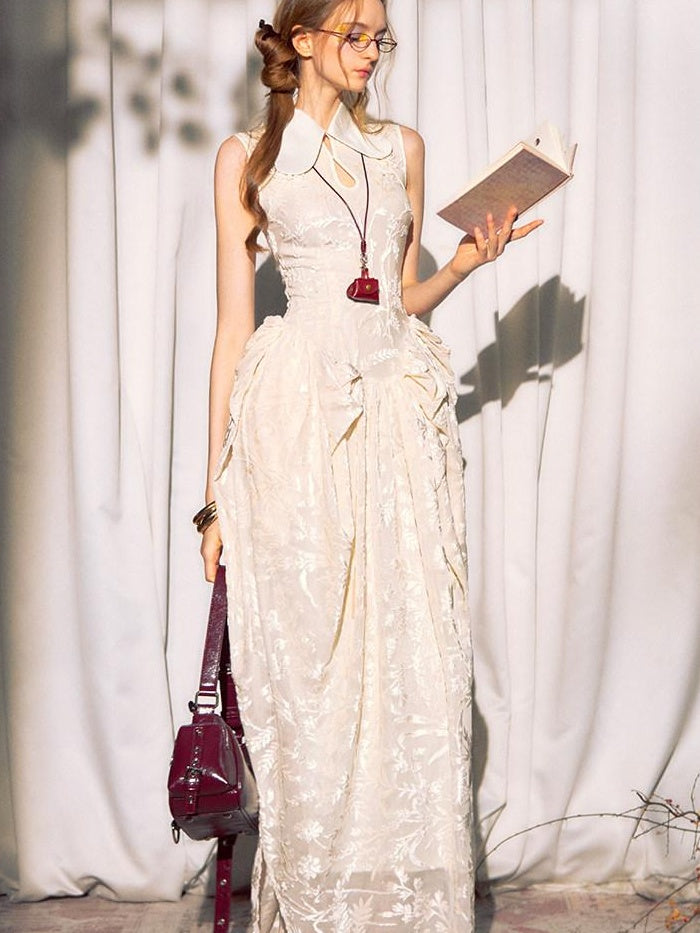 OfAkiva Elegant Chinese Style Jacquard High Waist A Line Two Piece Women Maxi Dresses