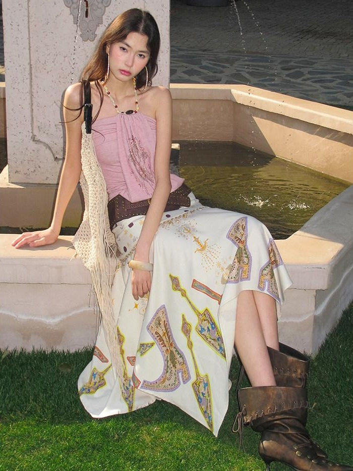 OfAkiva High Waist Asymmetrical A Line Slim Fit Printed Beige Women Maxi Skirts