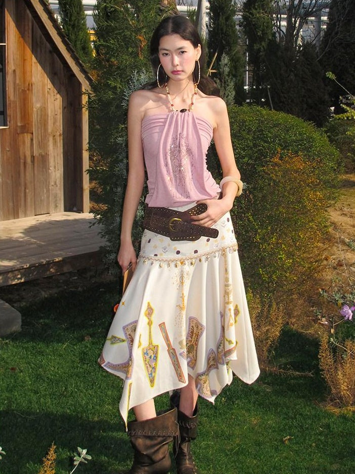 OfAkiva High Waist Asymmetrical A Line Slim Fit Printed Beige Women Maxi Skirts