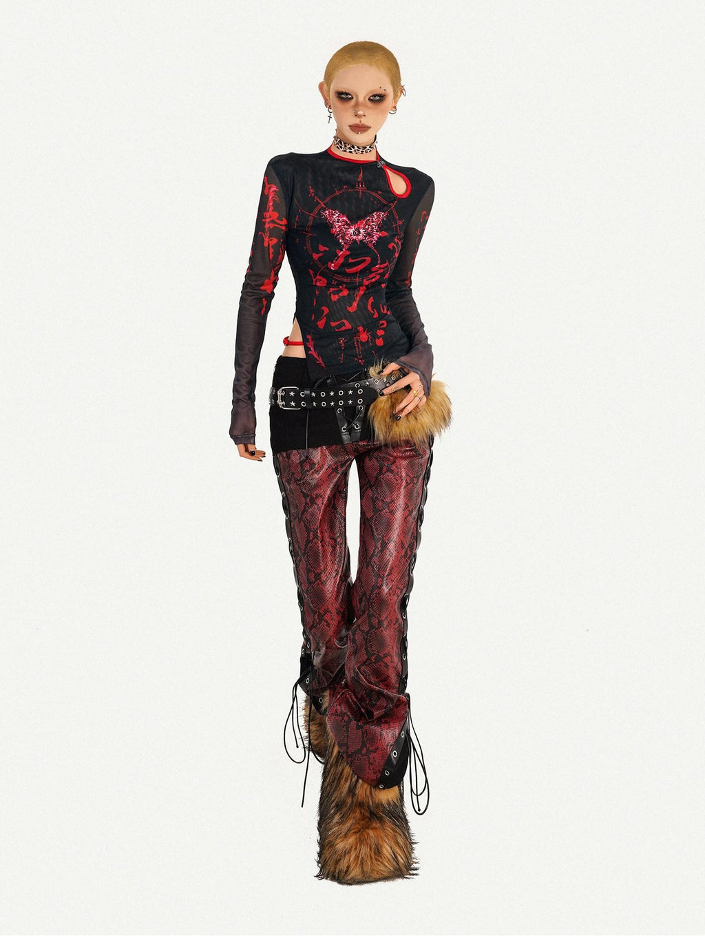 Nico Molly Dark Gothic Mesh Butterfly Print Asymmetric Slim Fit Women Long Sleeve T-Shirts