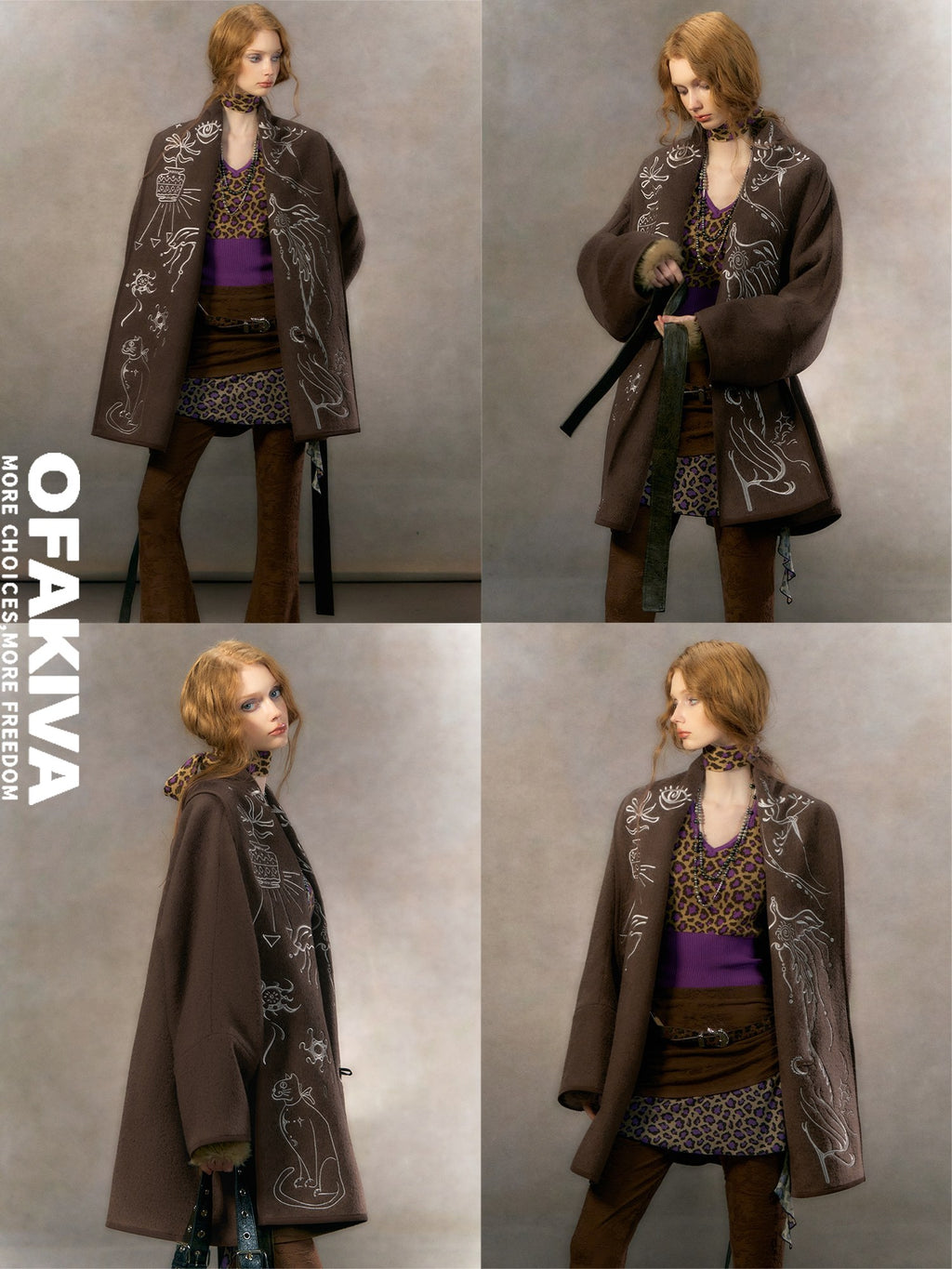 OfAkiva Embroidered Double Faced Wool Elegant Loose Fit Women Brown Short Coat