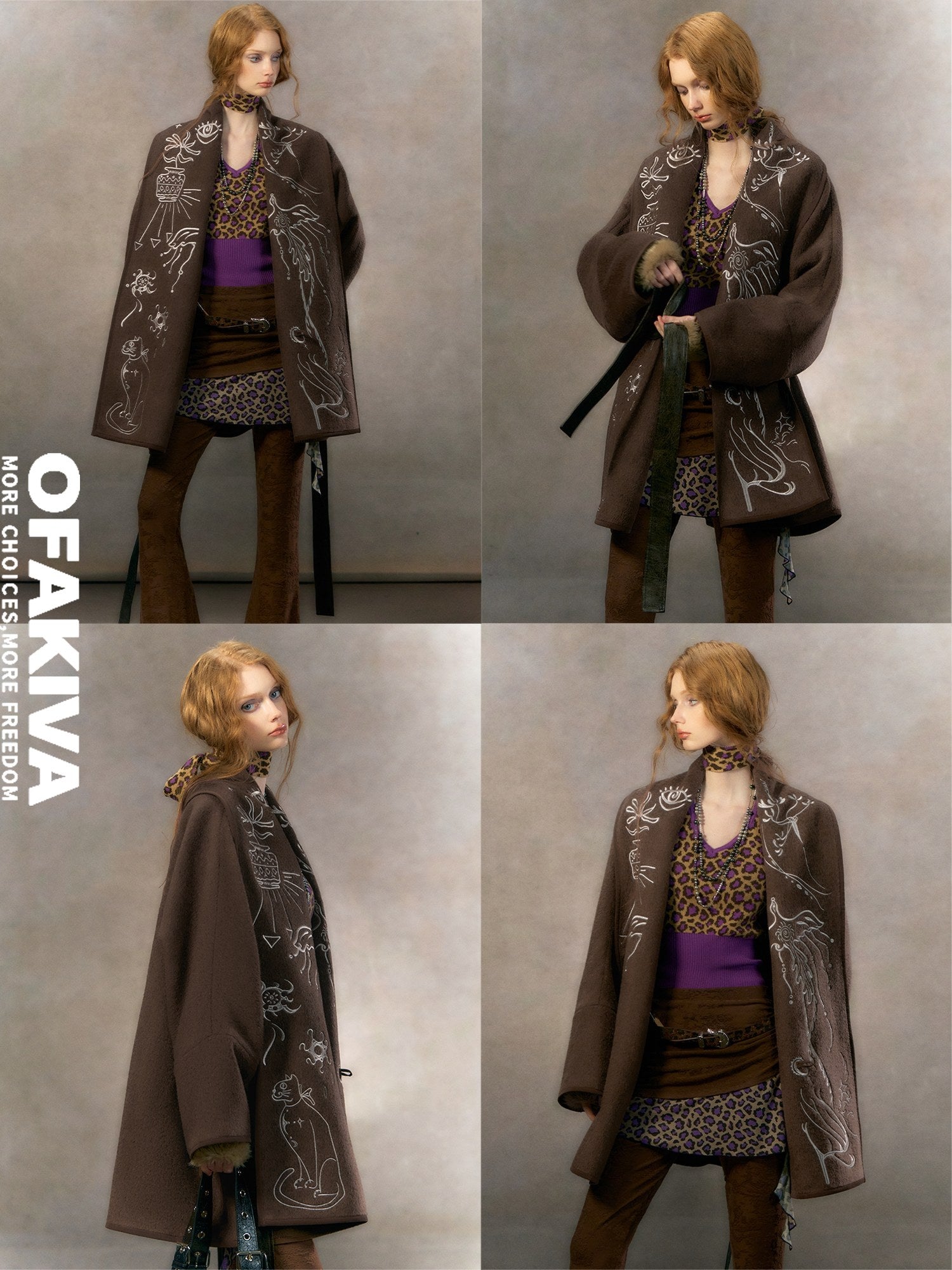 OfAkiva Embroidered Double Faced Wool Elegant Loose Fit Women Brown Short Coat