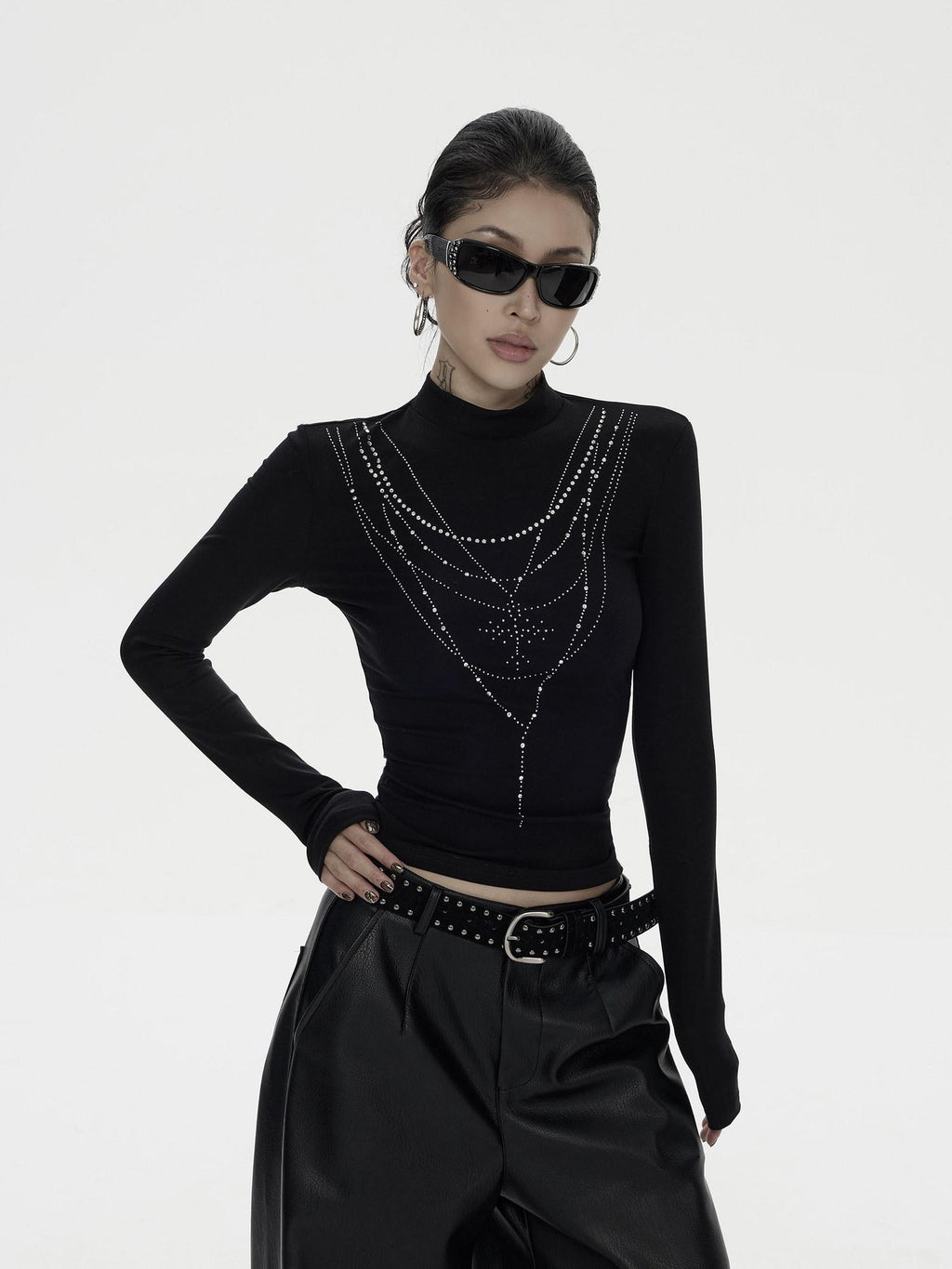 ZERO Rhinestone Street Slim High Neck Lyocell Knit Women Long Sleeve Crop Tops