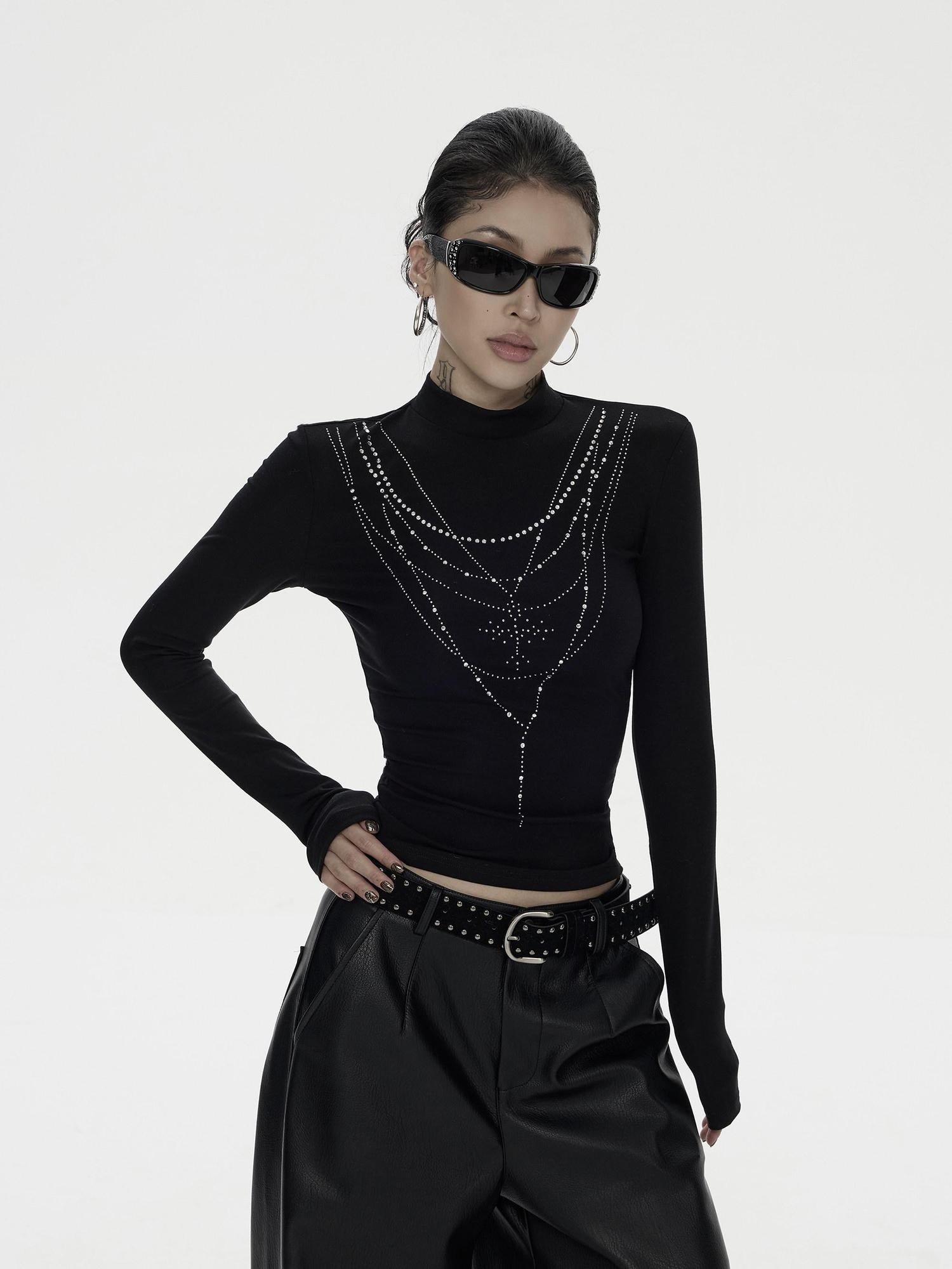ZERO Rhinestone Street Slim High Neck Lyocell Knit Women Long Sleeve Crop Tops