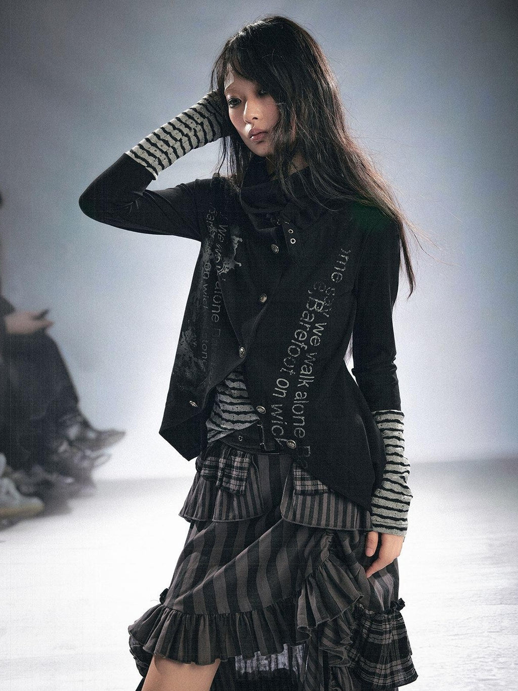 Cest Nous Stretch Cotton Punk Faux Layer Women Striped Pullover Black White Cardigans