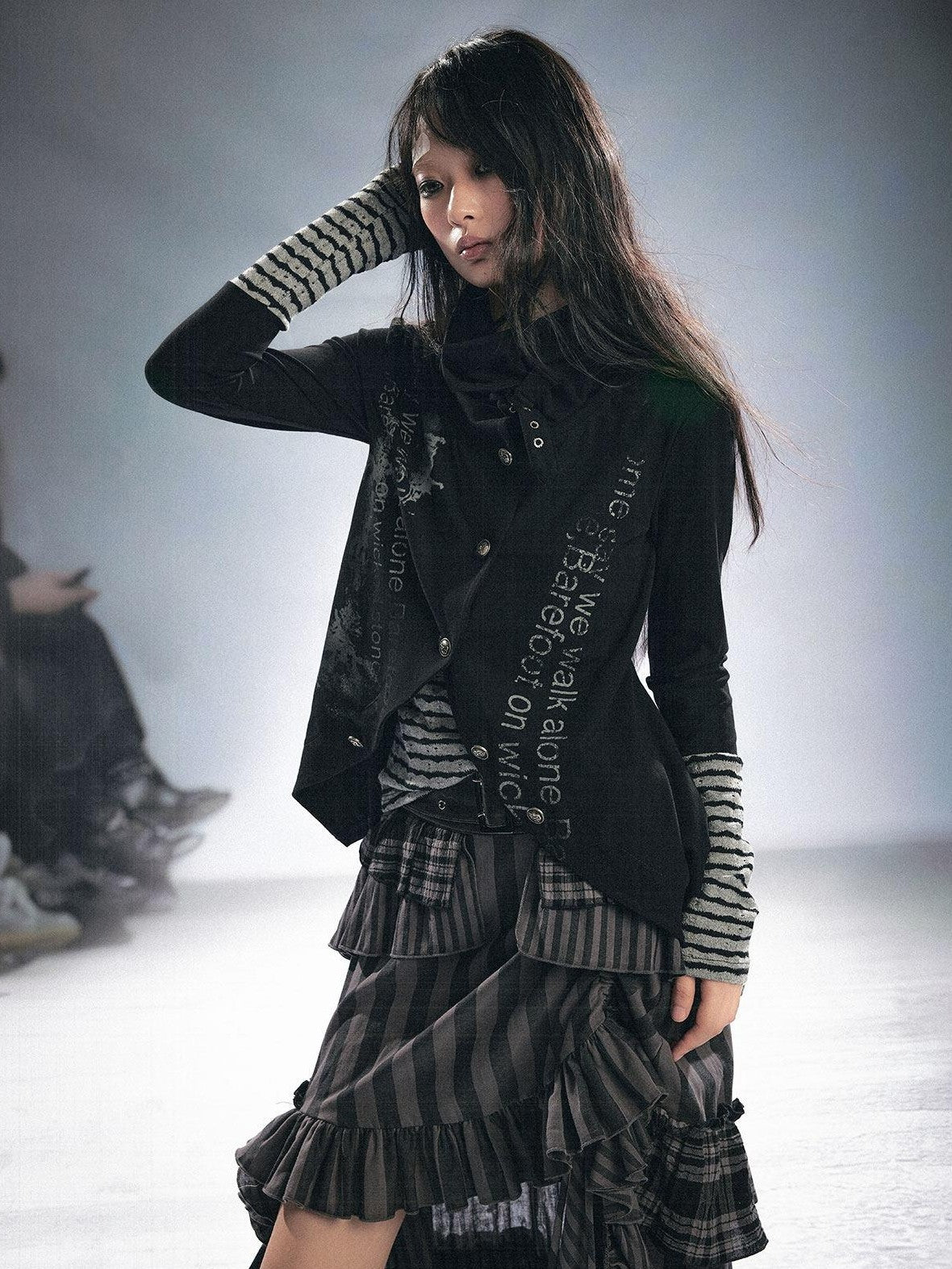 Cest Nous Stretch Cotton Punk Faux Layer Women Striped Pullover Black White Cardigans