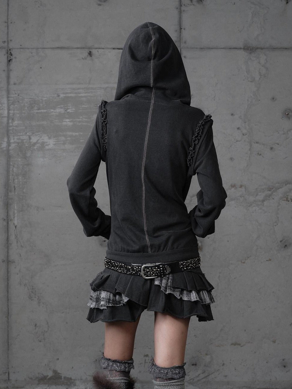 NO ROMANCE Deep Gray Y2K Printed Lace Detachable Hood Sweatshirt Women'S Mini Dresses