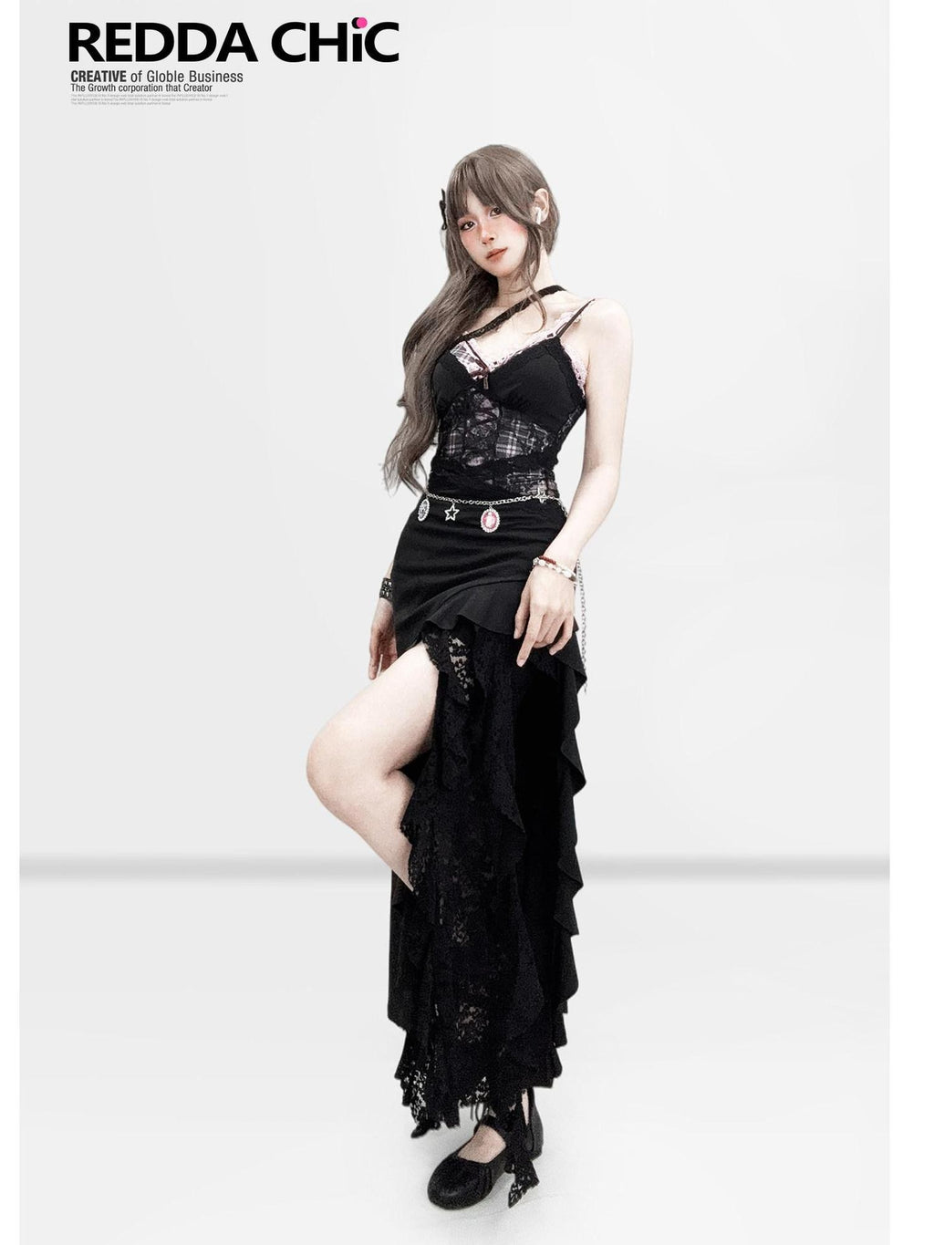 REDDACHIC Black Pink Lace Panel Asymmetrical Cinched Waist Women'S Slip Maxi Dresses