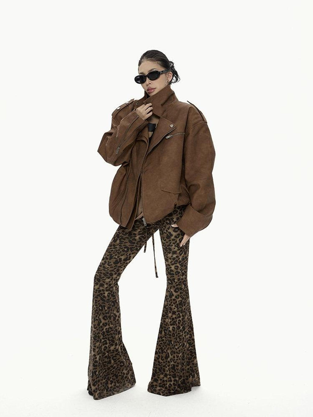 ZERO Soft Lyocell Knit Vintage Leopard Print Elastic Natural Waist Women Flared Pants