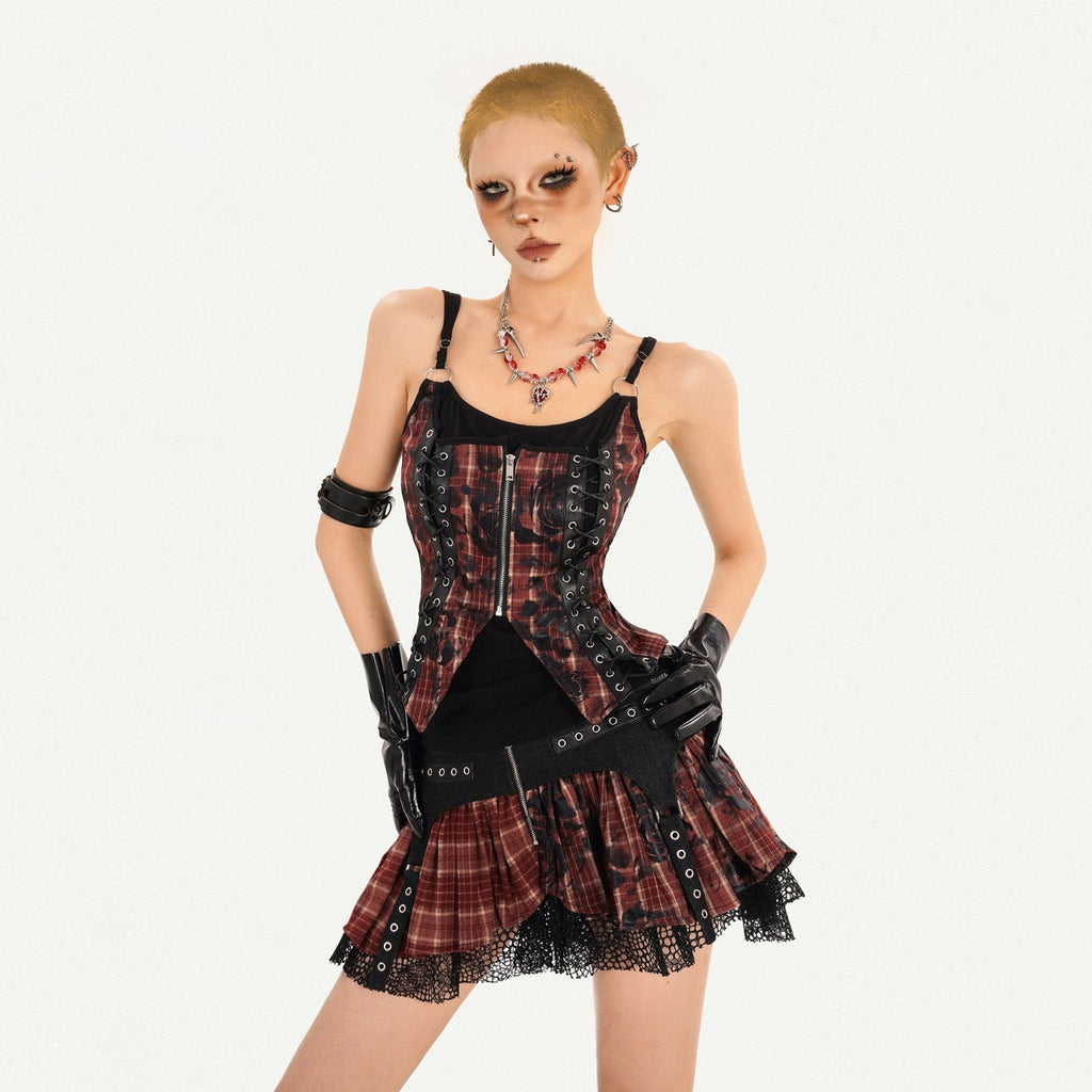 Nico_Molly_Zipper_Cropped_Plaid_Slim_Camisole_High_Waist_Skirt_Women_Top_&_Skirt_Sets_MISSTT
