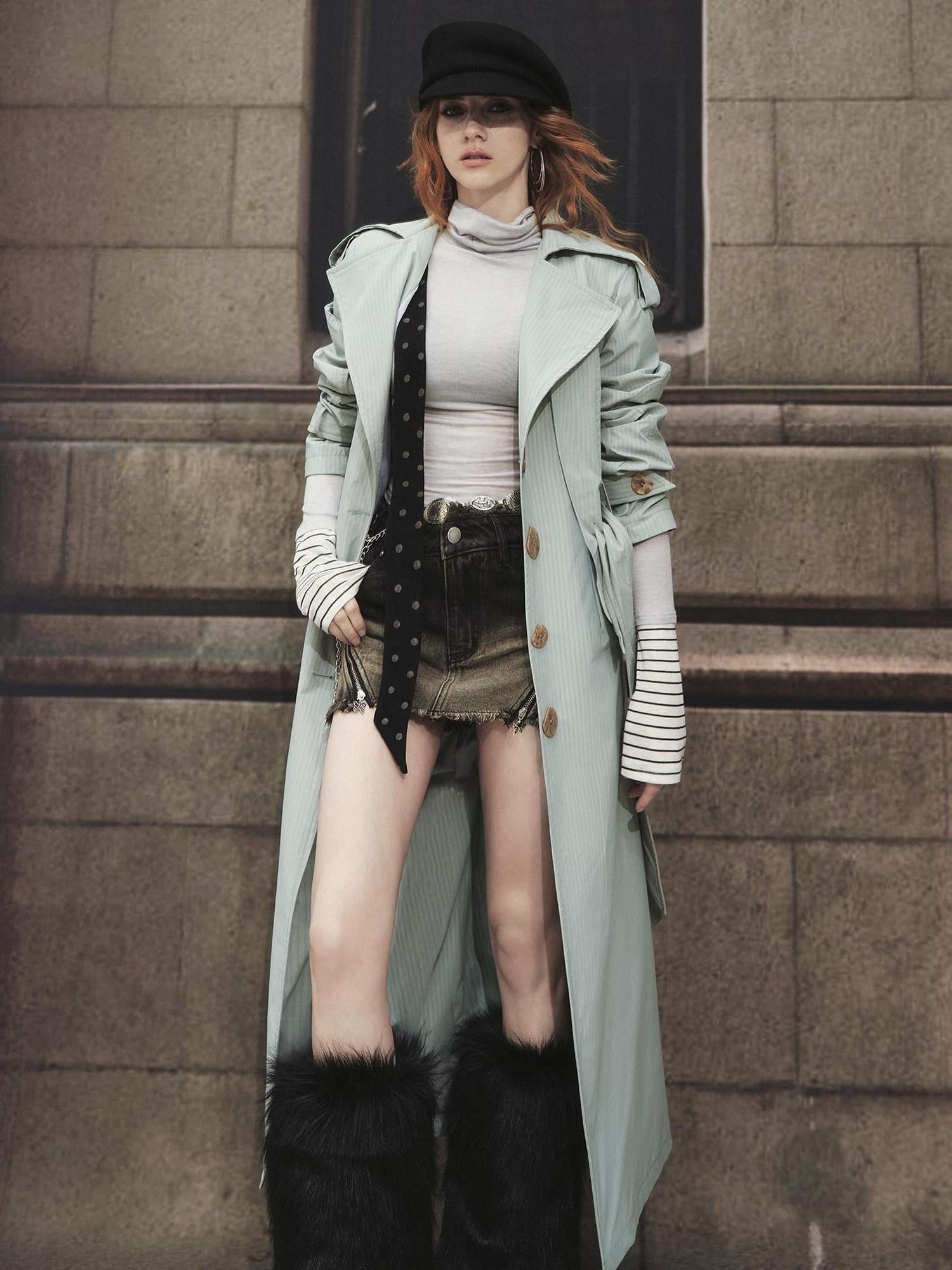 OfAkiva Faux Two Piece Long Stand Collar Straight Office Women Trench Coats