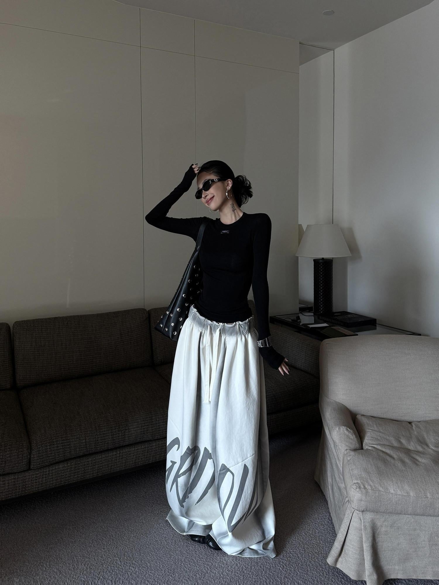 ZERO Light Apricot Cotton Letter Print Pockets Elastic Natural Waist Wide Leg Pants