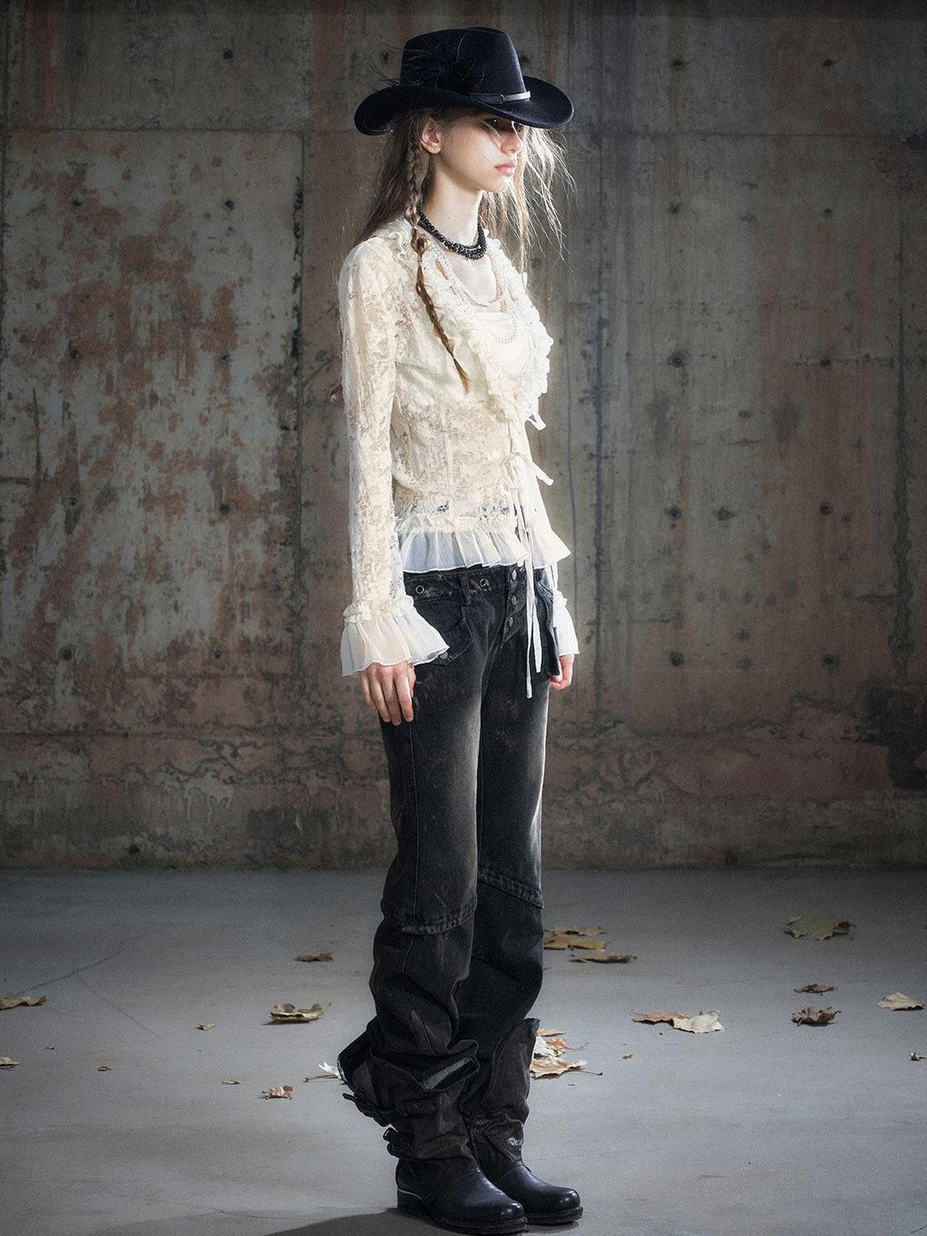 Cest Nous Patchwork Punk Low Waist Asymmetric Women Washed Black Cotton Straightlegjeans