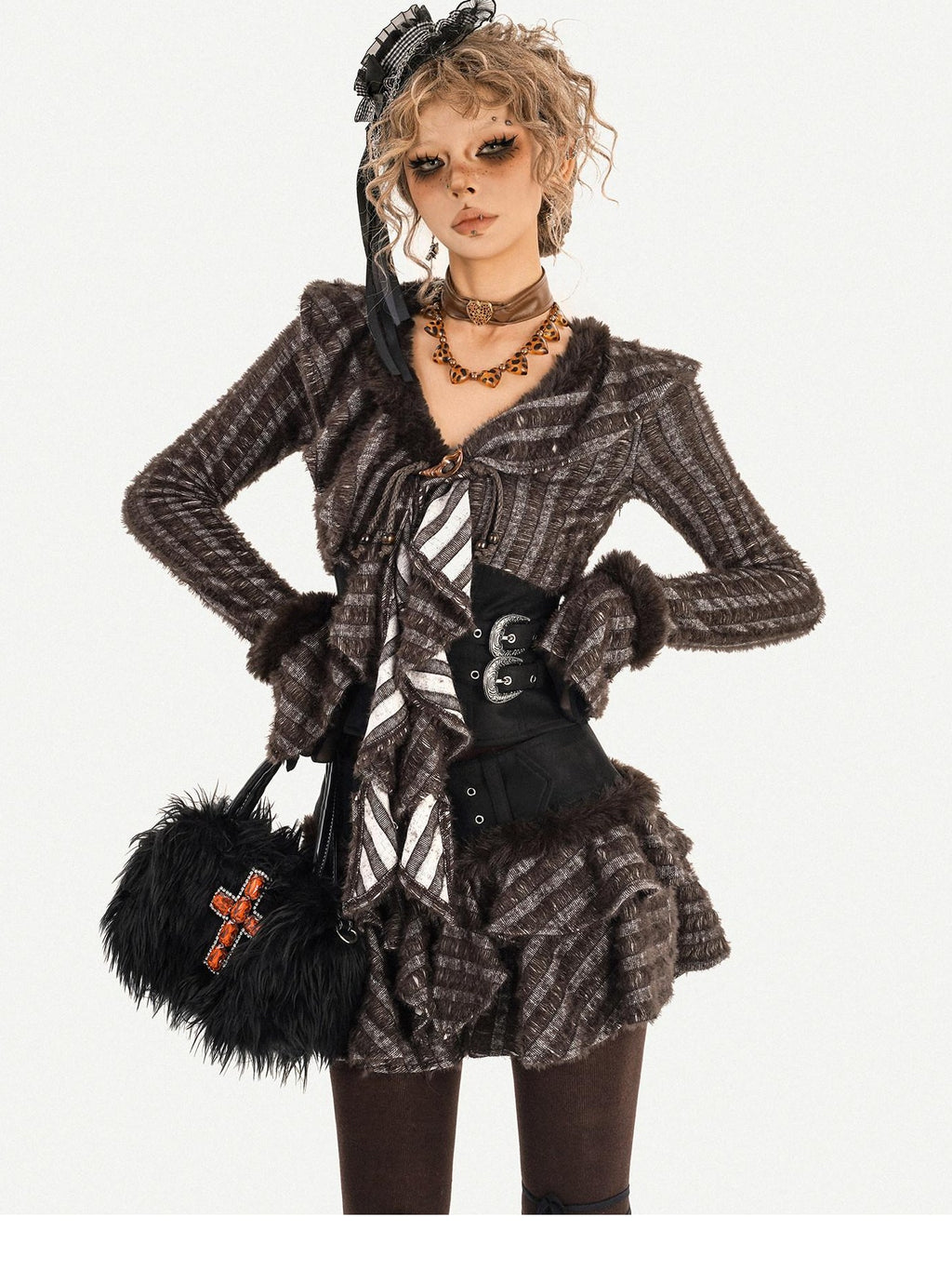 Nico Molly Colorfast Slim Cinched Patchwork V-neck Striped Knit Women Top & Skirt Sets