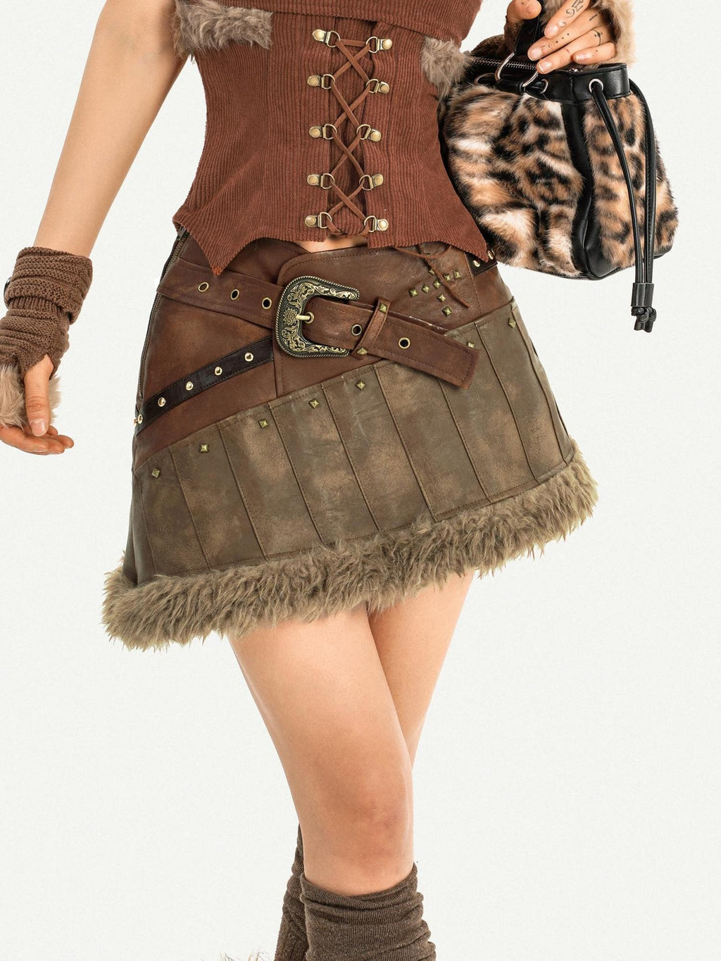 Nico Molly Beaded Vintage Patchwork A Line Mid Waist Lined Brown Women Top & Skirt Sets