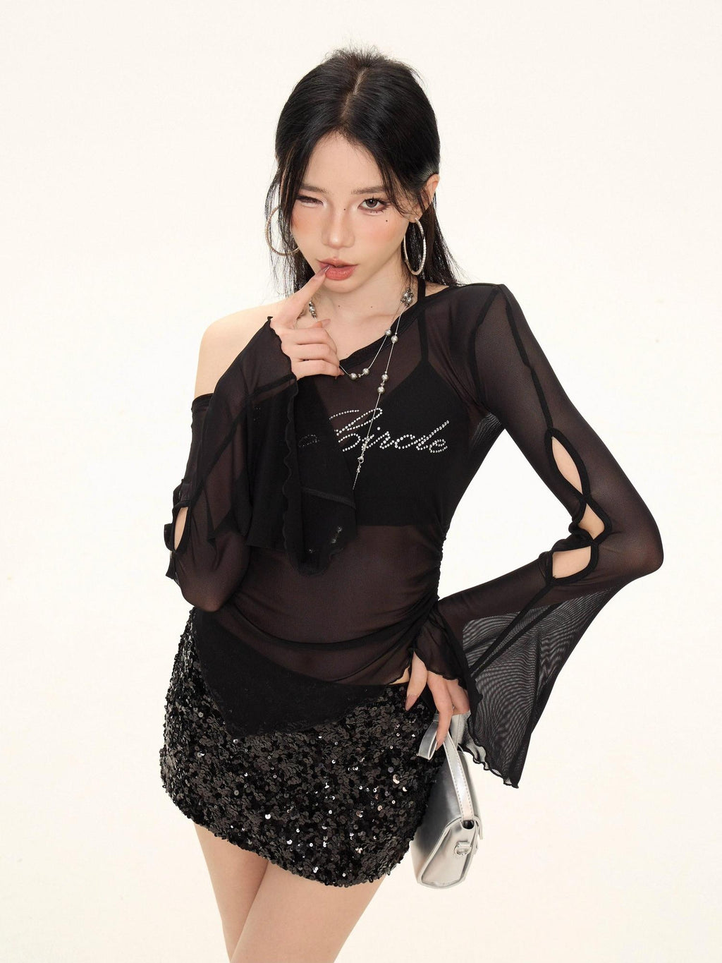ZERO Rhinestone Nylon Mesh Asymmetrical Neck Slim Street Long Sleeve Crop Tops