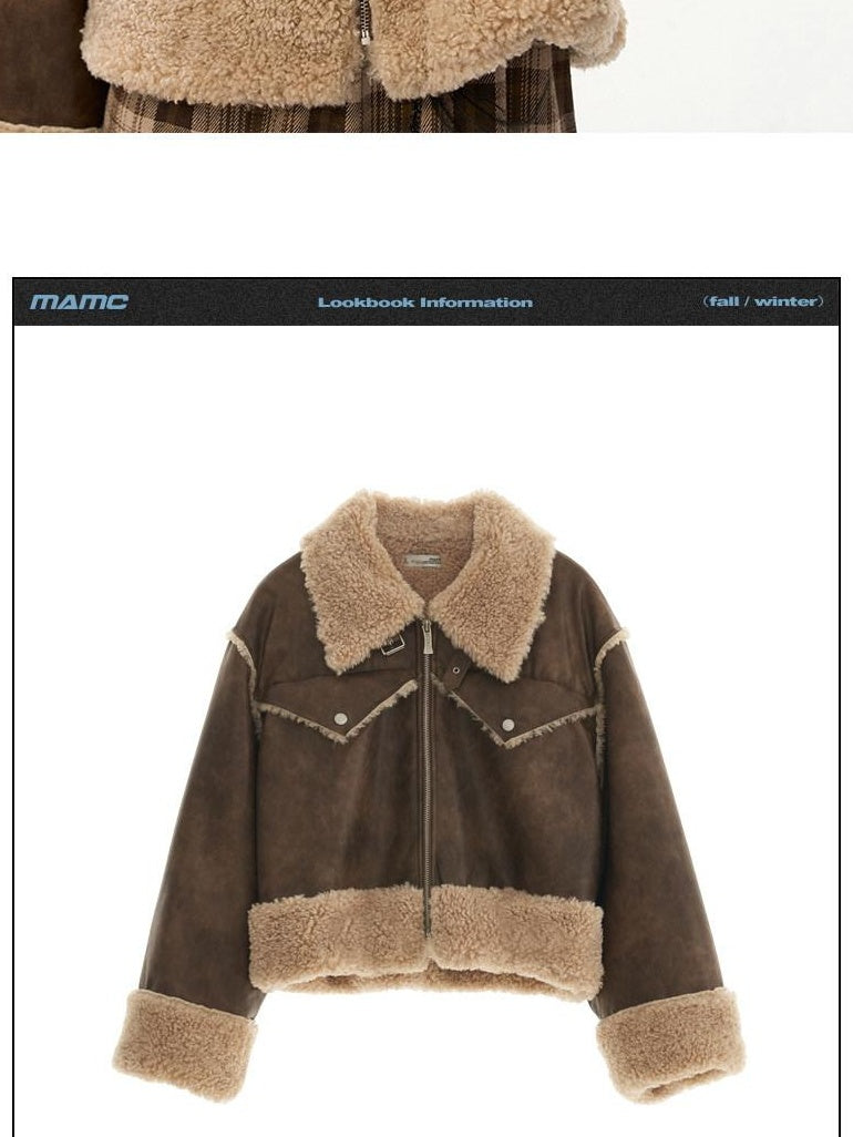 MAMC Soft Brown Panelled Lapel Collar Zip Front Loose Fit Office Leather Jackets