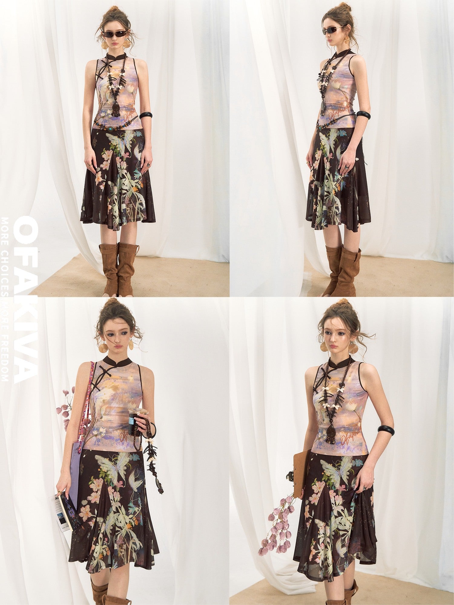 OfAkiva Floral Print Cropped Knit Sleeveless Slim Fit Two Piece Top & Skirt Sets