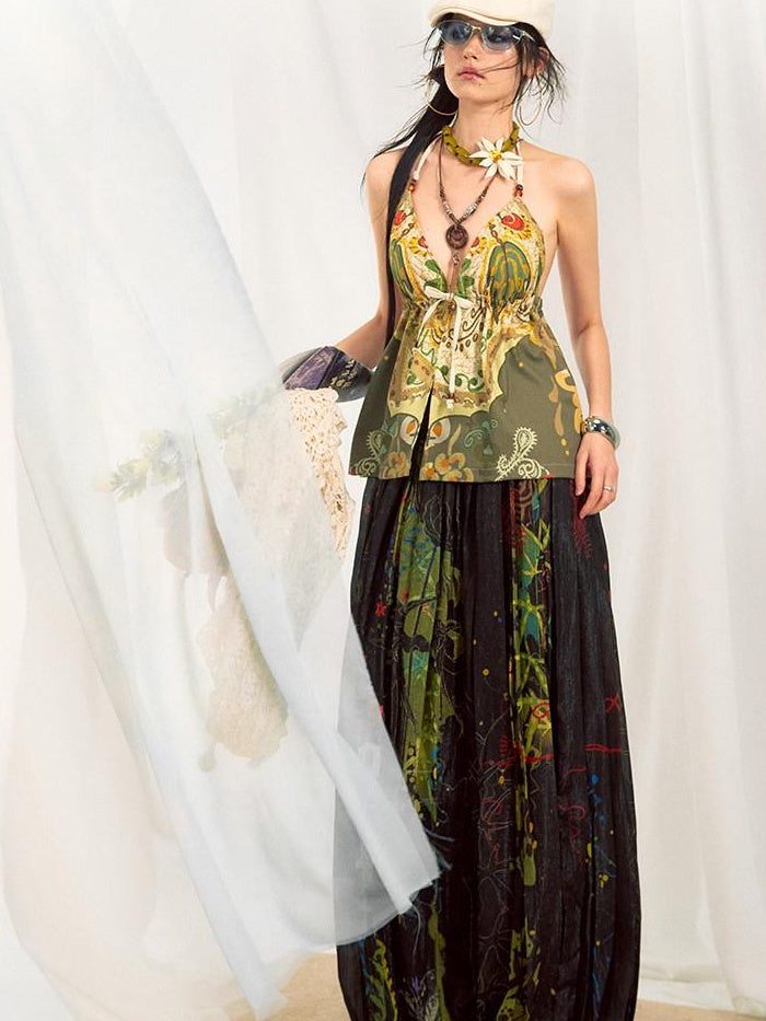 OfAkiva Floral Print Slim V-neck Tie Front Short Women Green Beige Halter Crop Tops