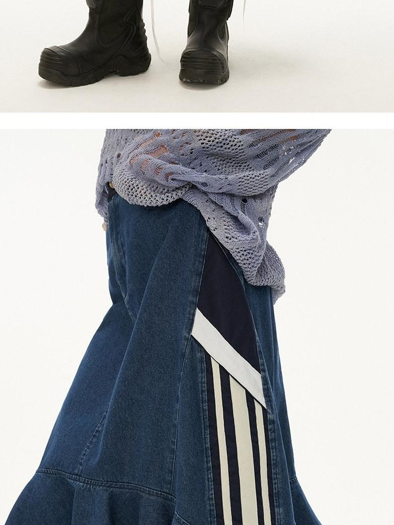 MAMC Soft Cotton Blend Asymmetric Mid Waist Office Minimalist Blue Midi Skirts