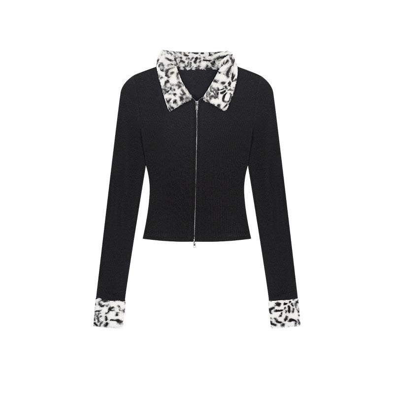 ZERO_Soft_Thick_Zippered_Slim_Fit_Patchwork_Lapel_Women_Daily_Black_Rayon_Cardigans_MISSTT