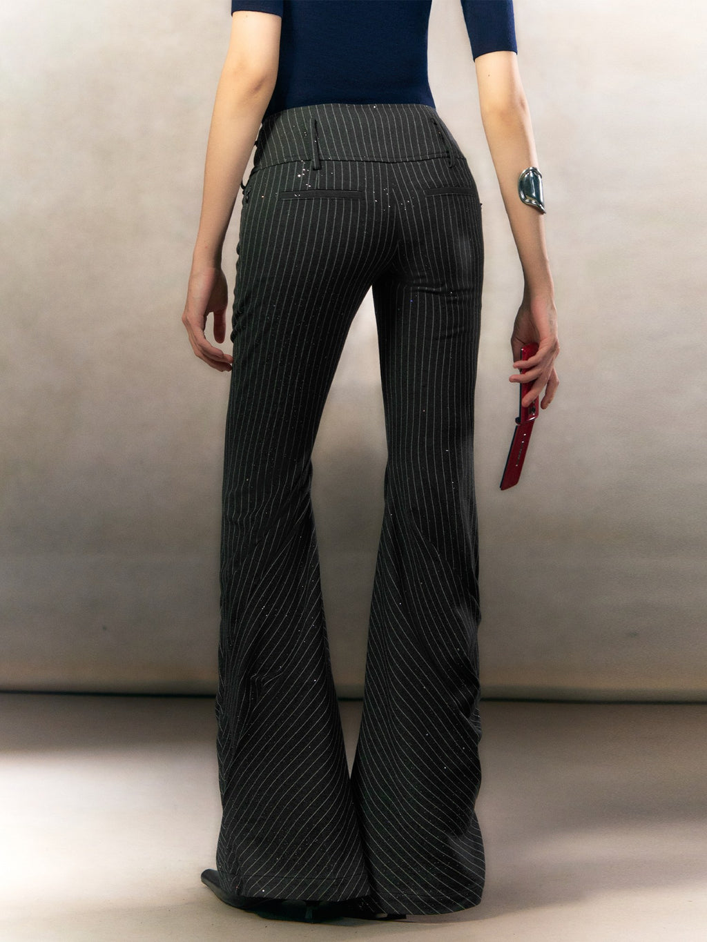 OfAkiva Rhinestone Low Waist Vintage Striped Slim Women Button Fly Flared Pants