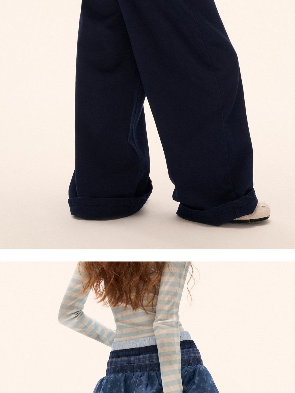 MAMC 100% Cotton Patchwork Relaxed Natural Waist Casual Womens Blue Wide Leg Pants