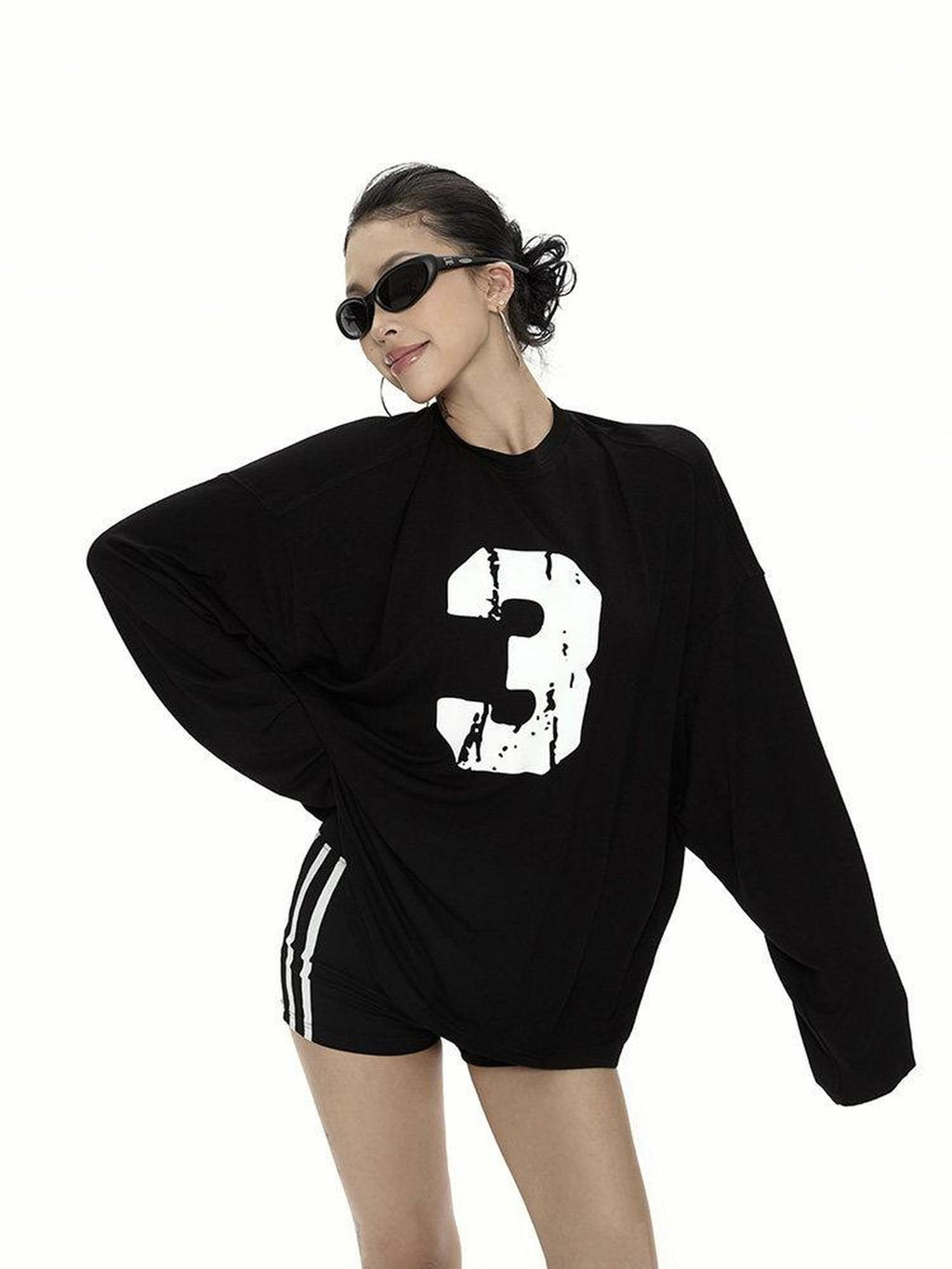ZERO Viscose Knit Loose Midlength Number Print Round Neck Unisex Long Sleeve T-Shirts