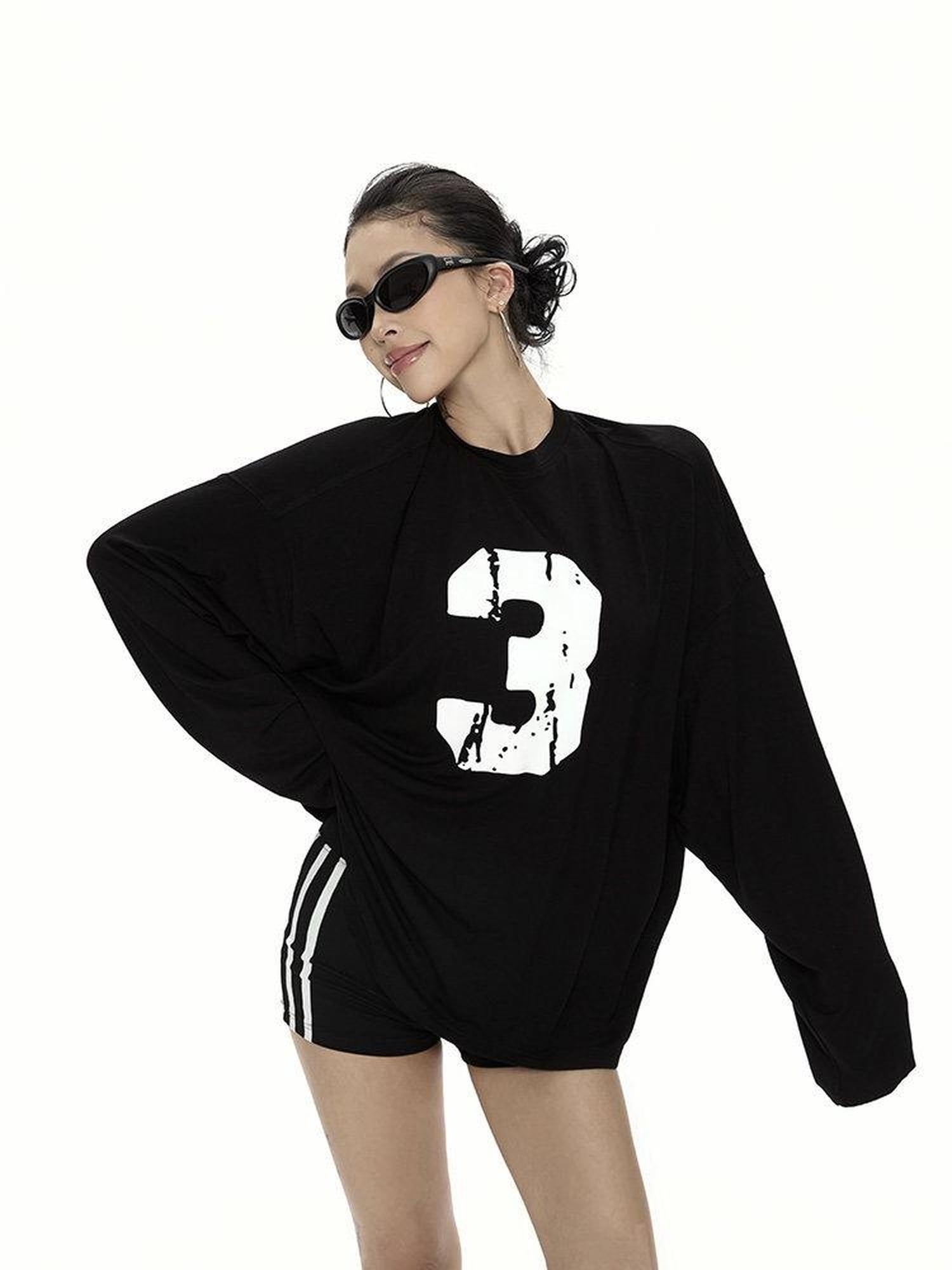 ZERO Viscose Knit Loose Midlength Number Print Round Neck Unisex Long Sleeve T-Shirts