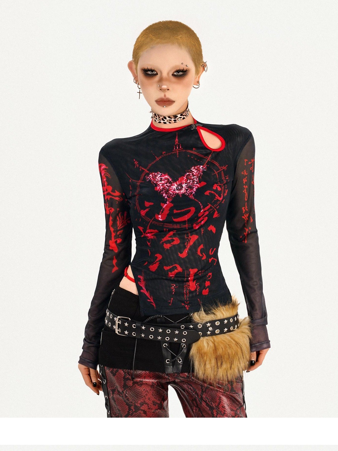 Nico Molly Dark Gothic Mesh Butterfly Print Asymmetric Slim Fit Women Long Sleeve T-Shirts