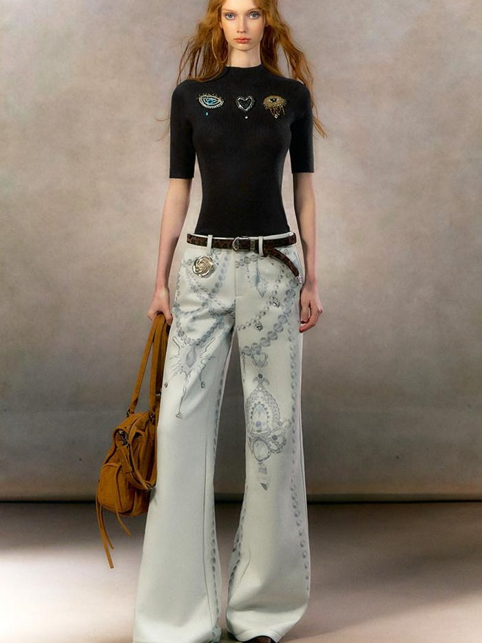 OfAkiva High Waisted Printed Chinese Style Zip Fly Women Gray Tailored Straight Pants