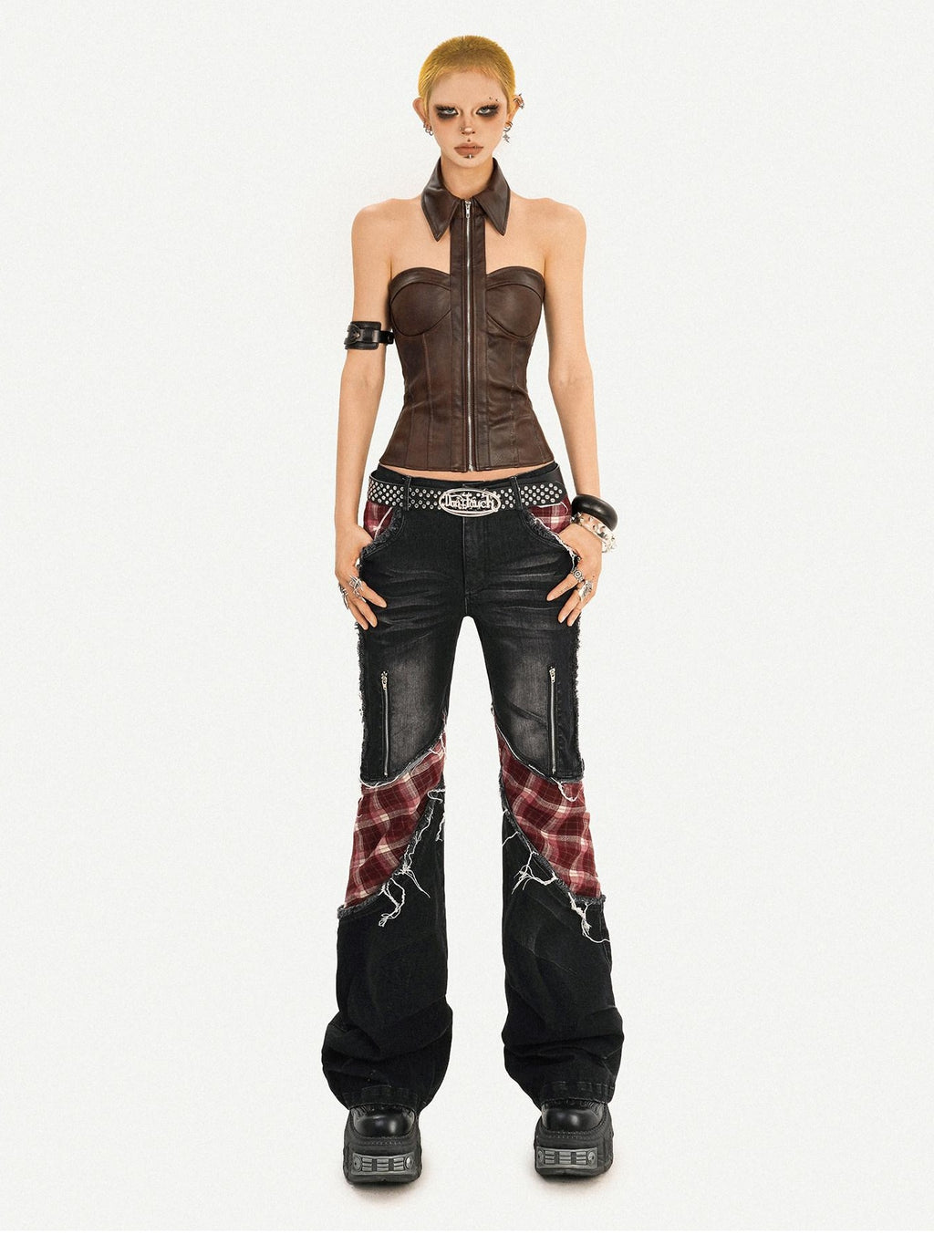 Nico Molly Pu Faux Leather Padded Zipper Crop Sexy Halter Collar Slim Women Camisoles