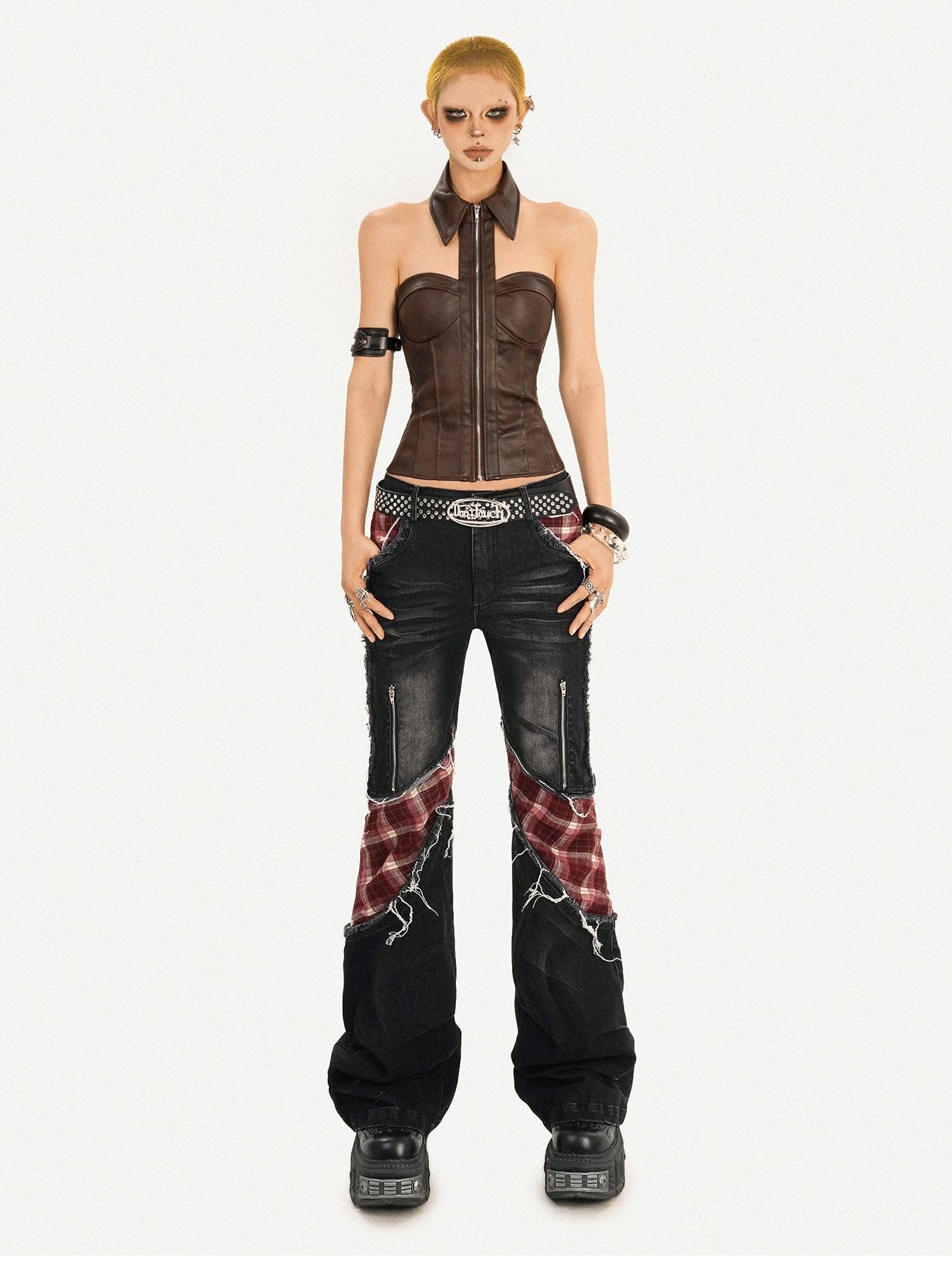 Nico Molly Pu Faux Leather Padded Zipper Crop Sexy Halter Collar Slim Women Camisoles