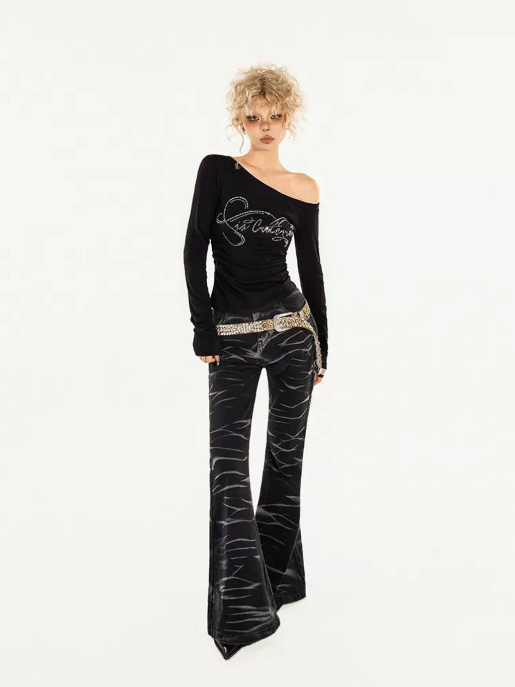 Nico Molly Rhinestone Print Slim One Shoulder Sexy Women Text Long Sleeve T-Shirts